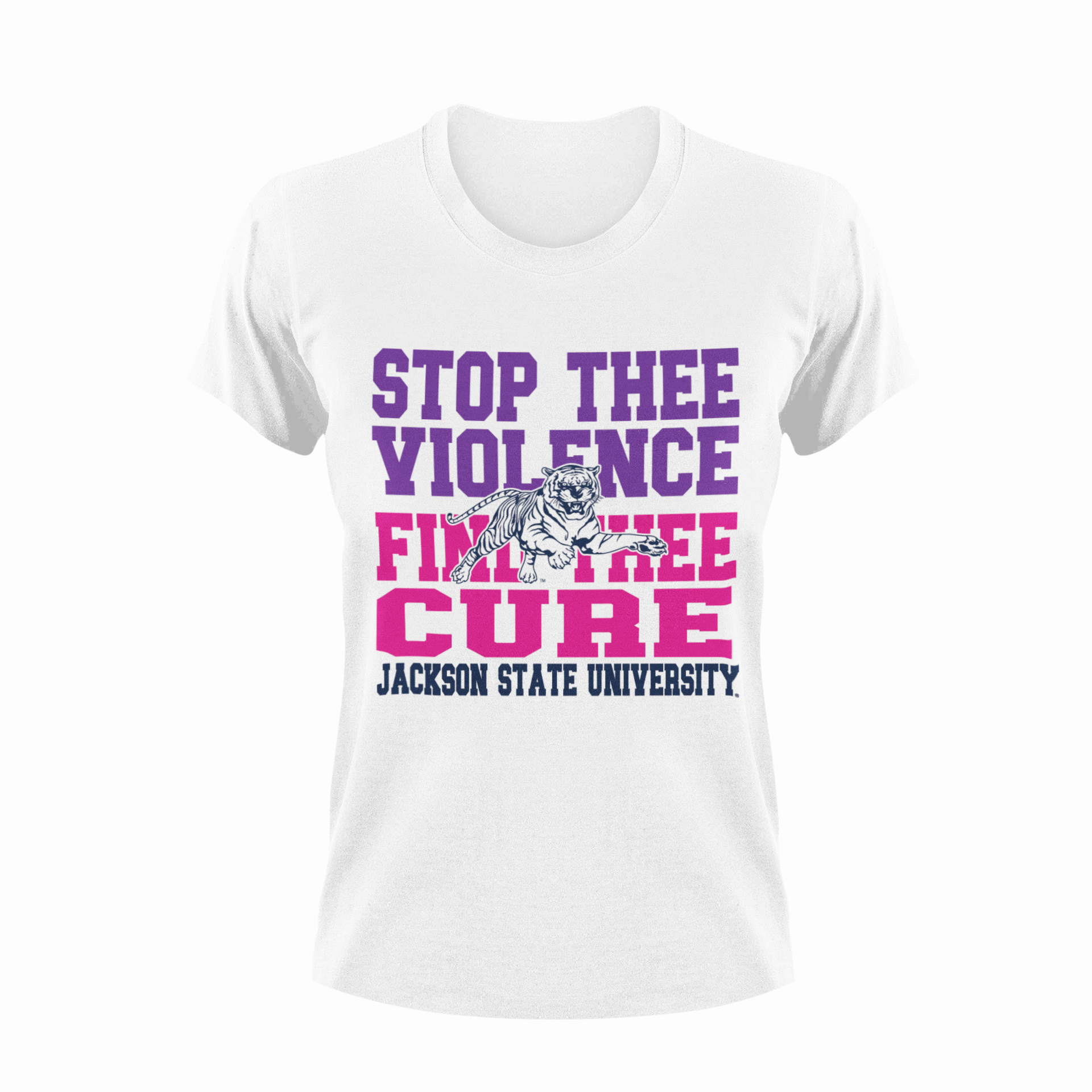 White unisex crew neck T-shirt with purple and magenta "Stop Thee Violence" graphic