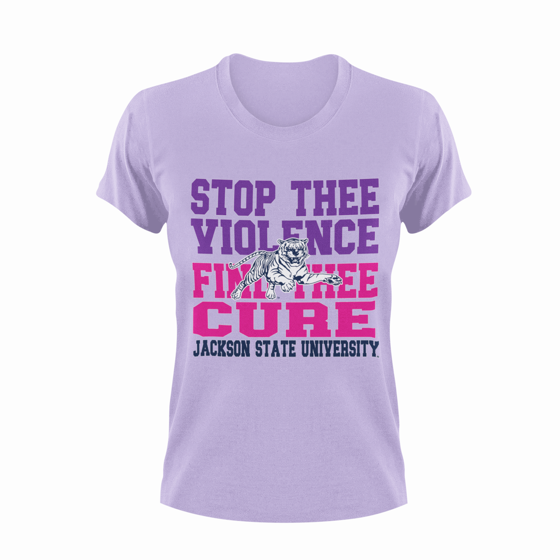 Purple unisex crew neck T-shirt with "Stop Thee Violence" and "Cure" tiger graphic