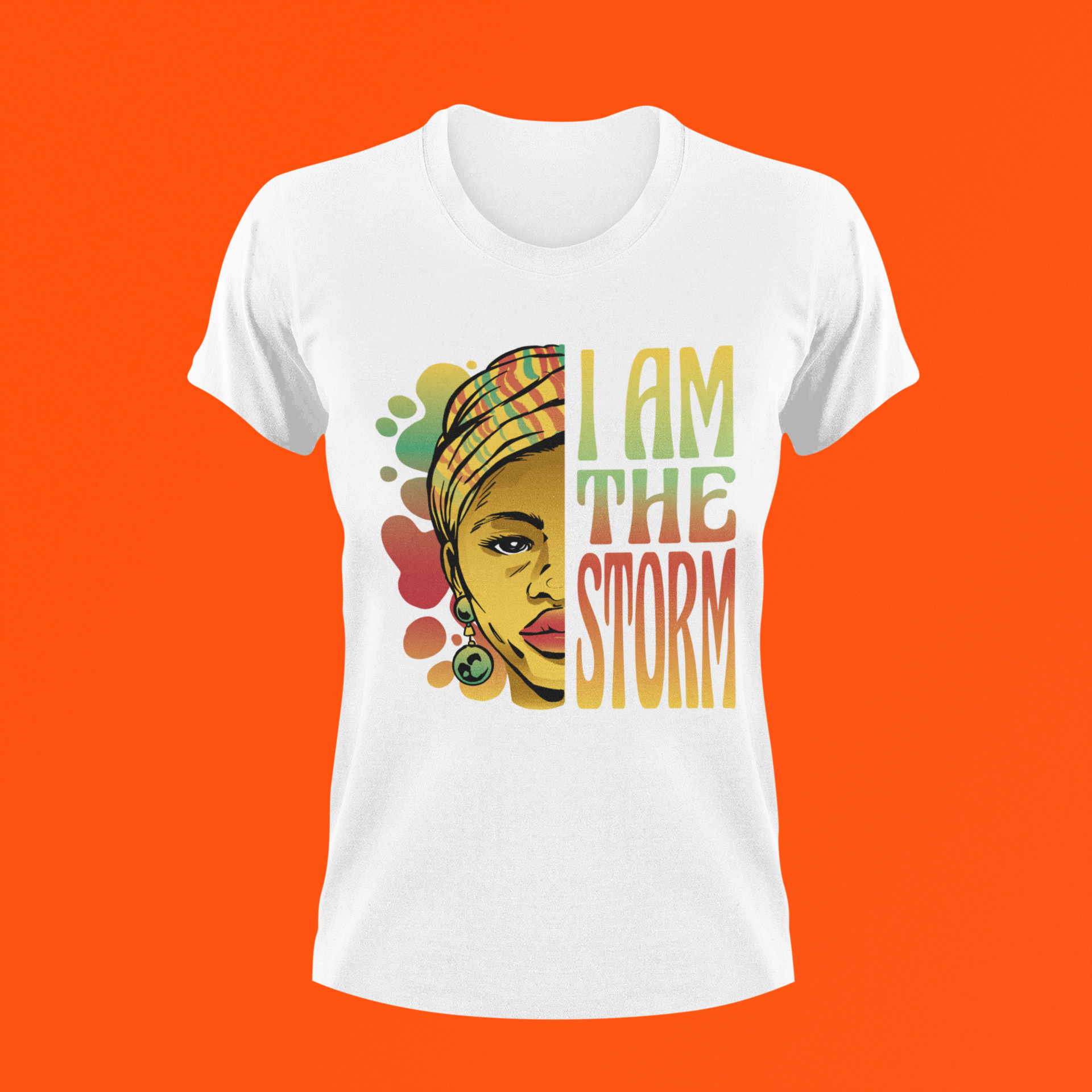 White short-sleeve T-shirt with front portrait graphic and “I AM THE STORM” text