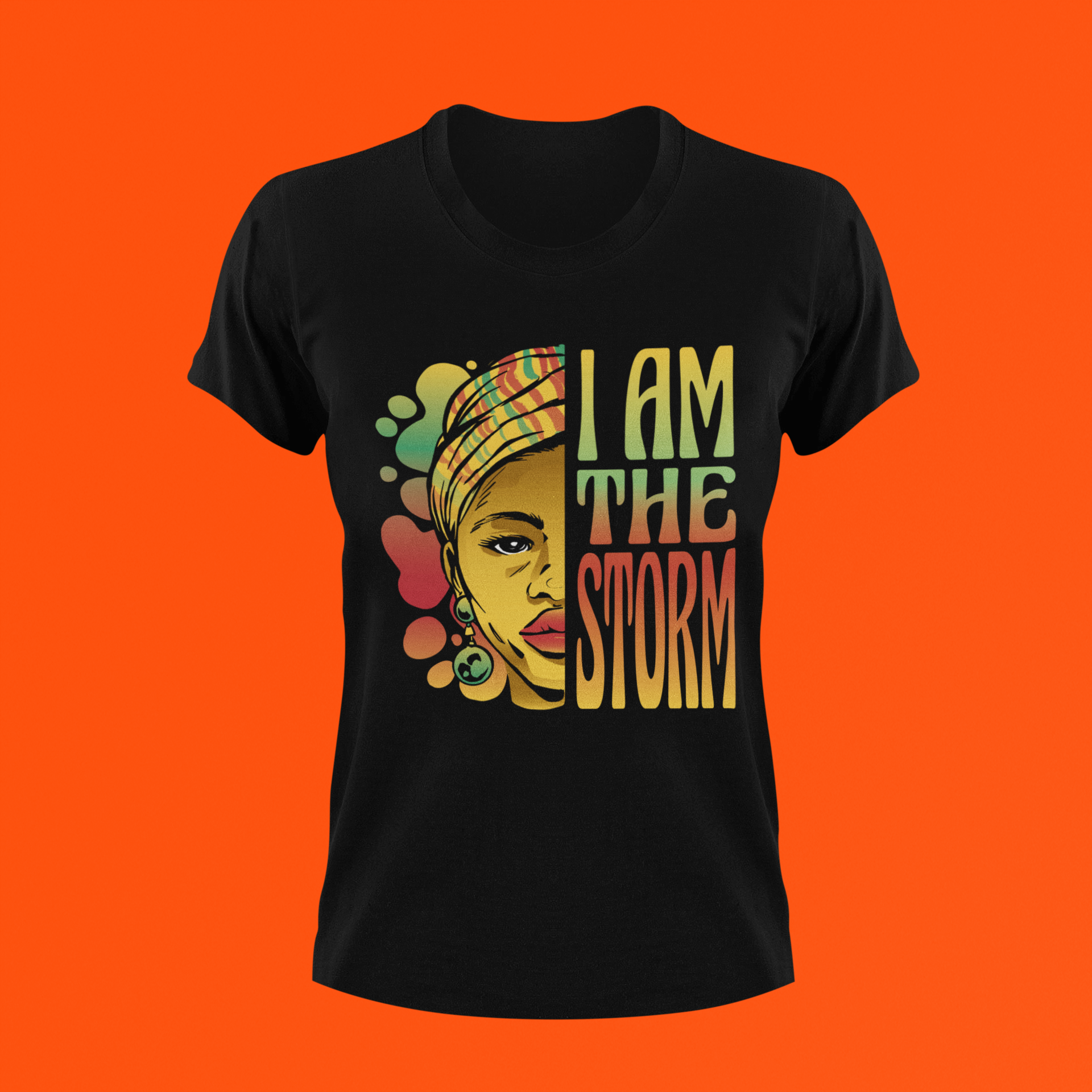 Black short-sleeve T-shirt with front portrait graphic and “I AM THE STORM” text
