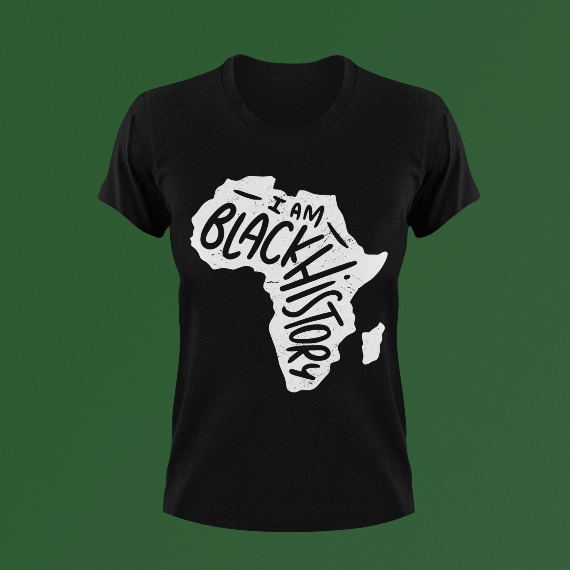 Black short-sleeve T-shirt with white 'I Am Black History' map graphic