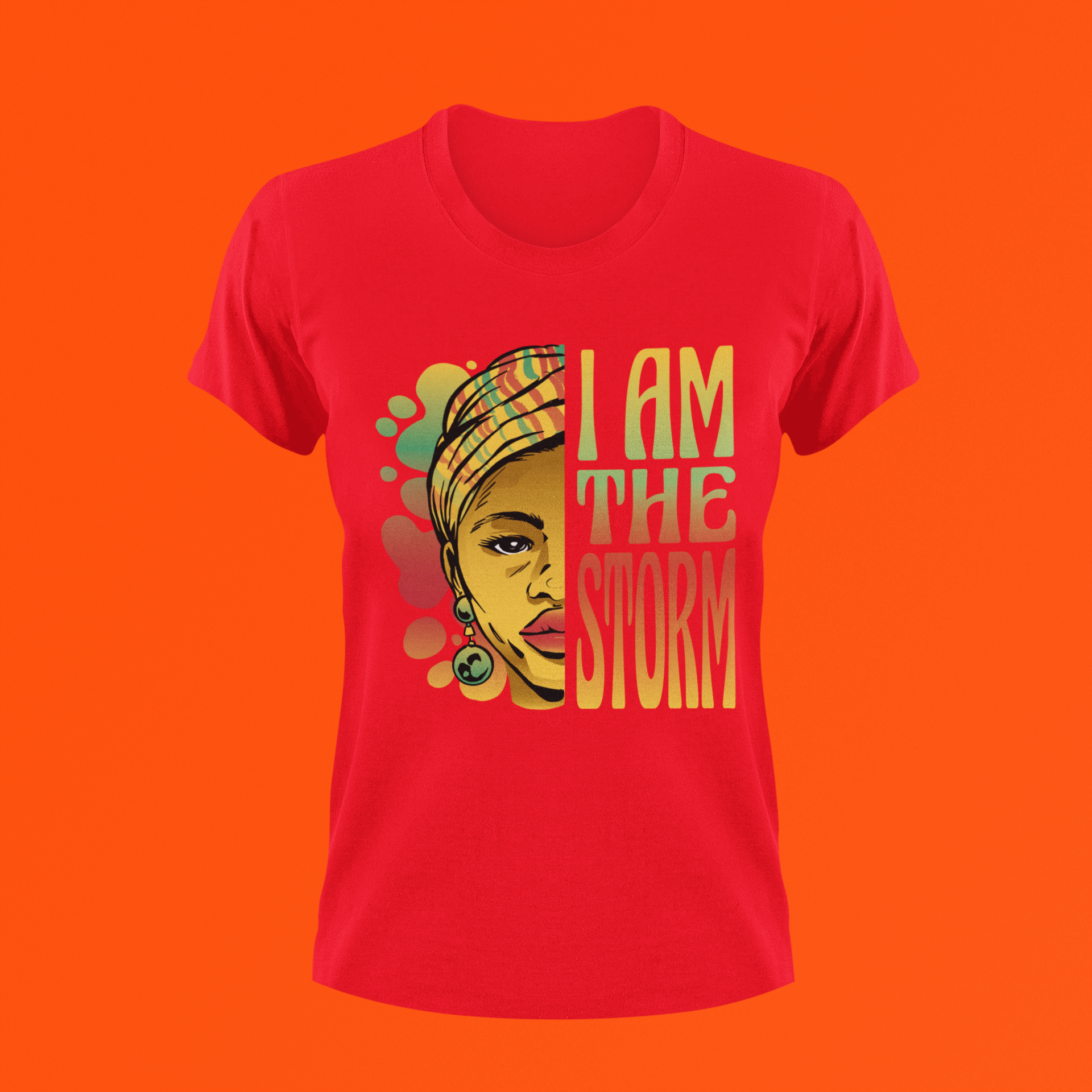 Red short-sleeve T-shirt with front portrait graphic and “I AM THE STORM” text