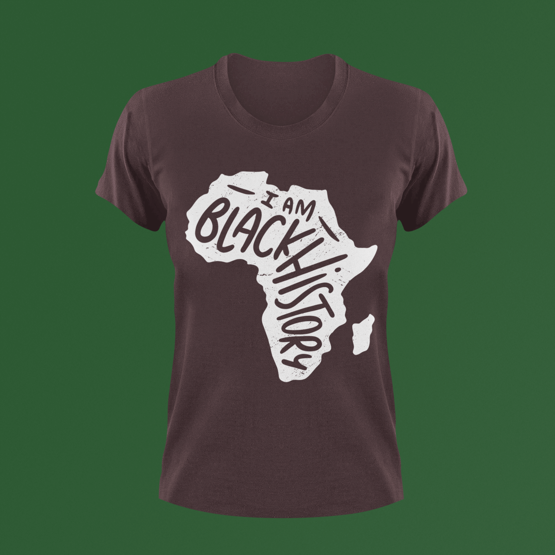 Brown short-sleeve T-shirt with white 'I Am Black History' map graphic