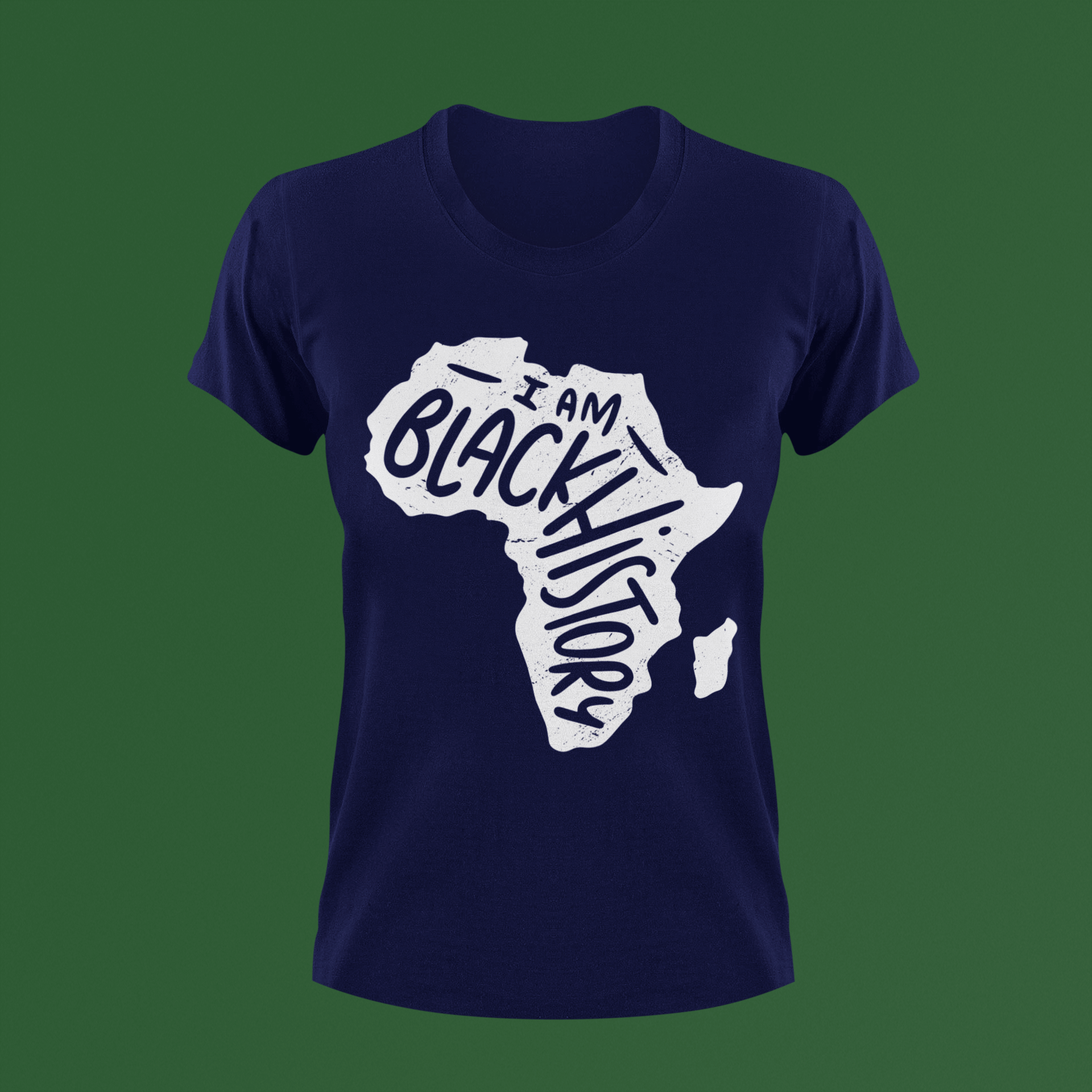 Navy short-sleeve T-shirt with white 'I Am Black History' map graphic