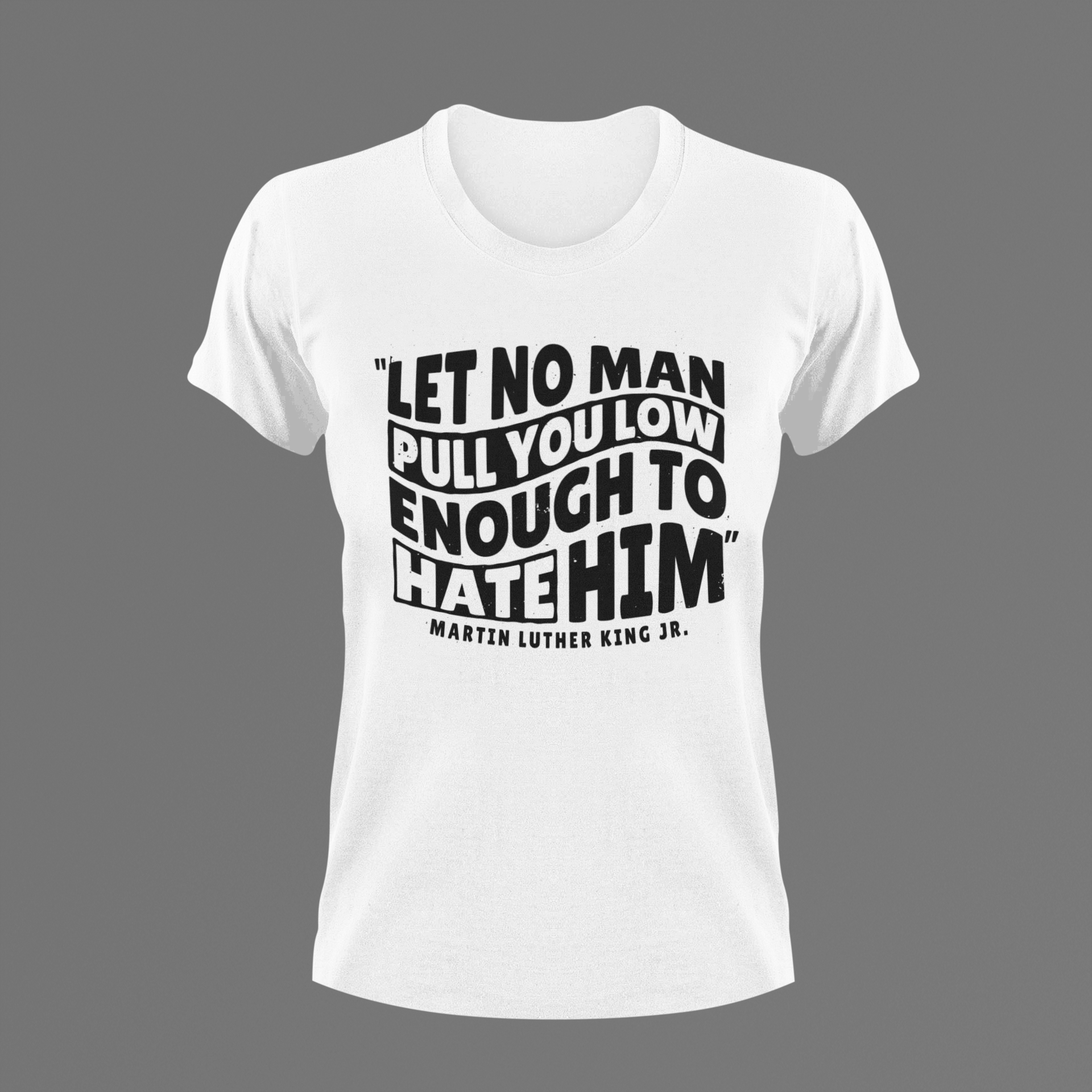 White crewneck graphic T-shirt with stacked quote text front print