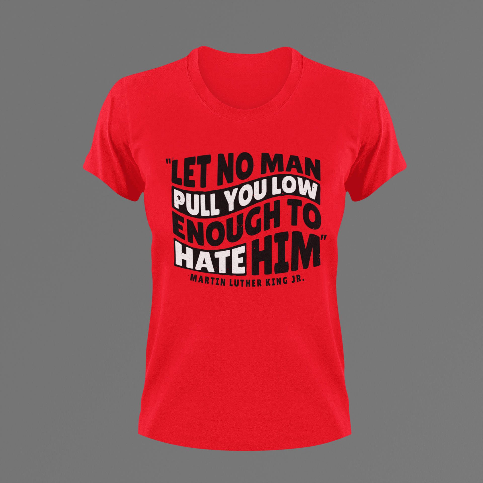 Red crewneck graphic T-shirt with stacked quote text and logo print