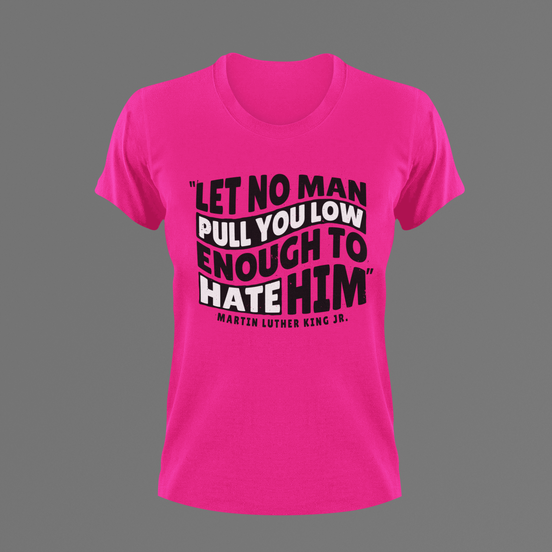 Pink crewneck graphic T-shirt with bold stacked quote text front print