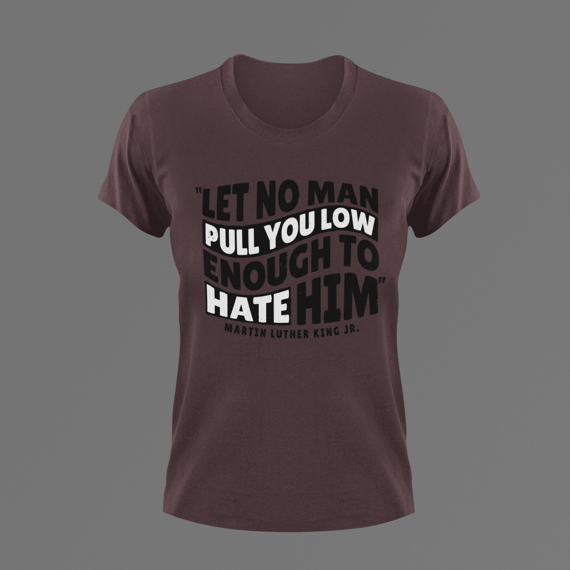 Brown crewneck graphic T-shirt with stacked quote text and logo print