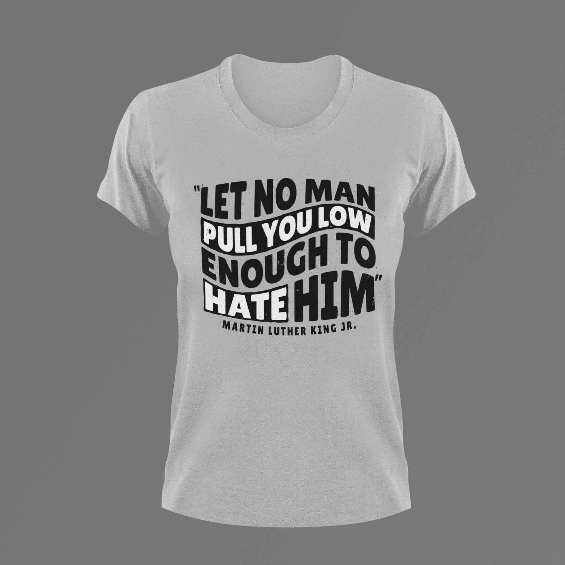 White crewneck graphic T-shirt with stacked quote text and logo print