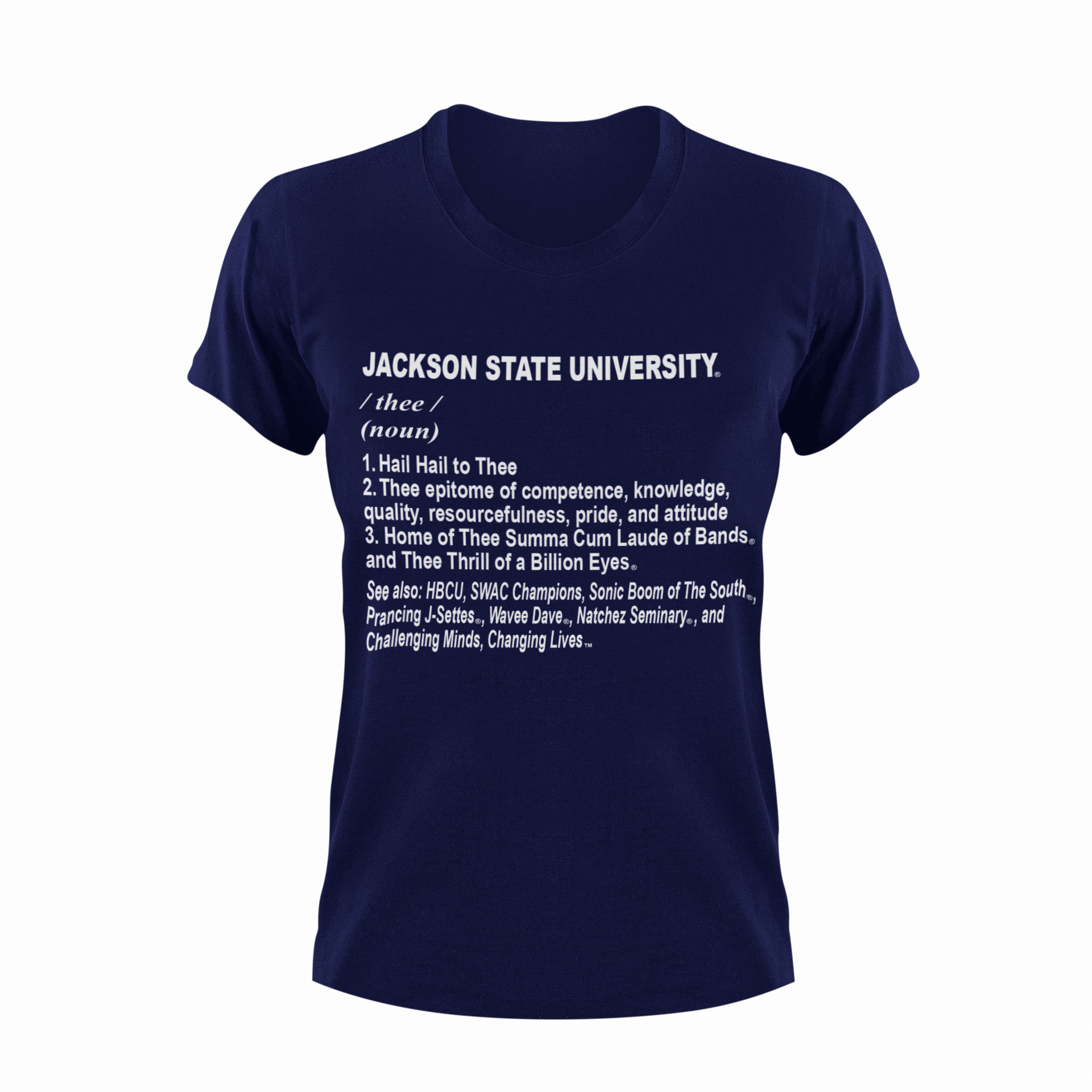 Navy short-sleeve crewneck T-shirt with Jackson State University 'thee' text graphic.