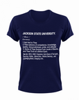 Navy short-sleeve crewneck T-shirt with Jackson State University 'thee' text graphic.