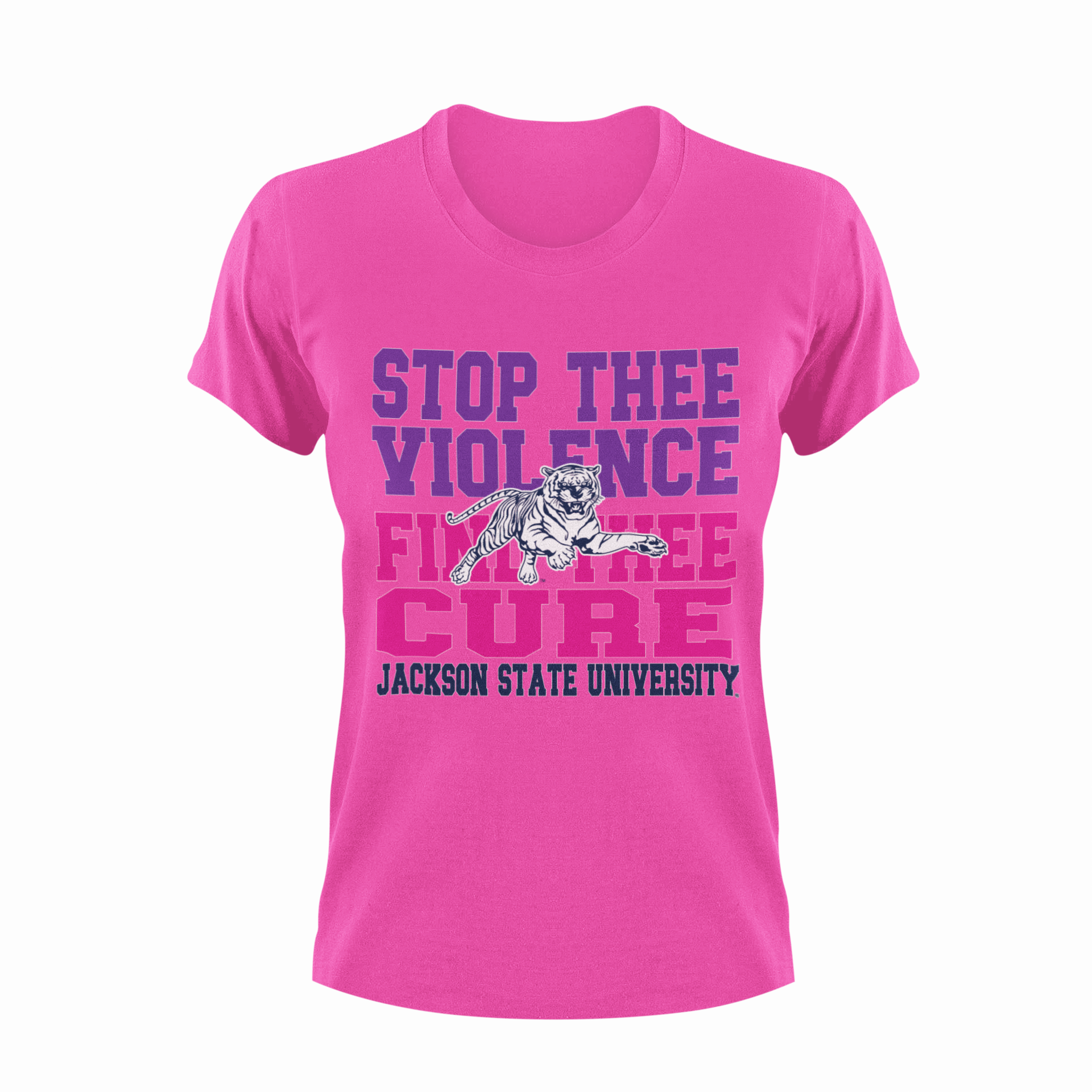 Magenta pink unisex crew neck T-shirt with "Stop Thee Violence" and "Cure" tiger graphic