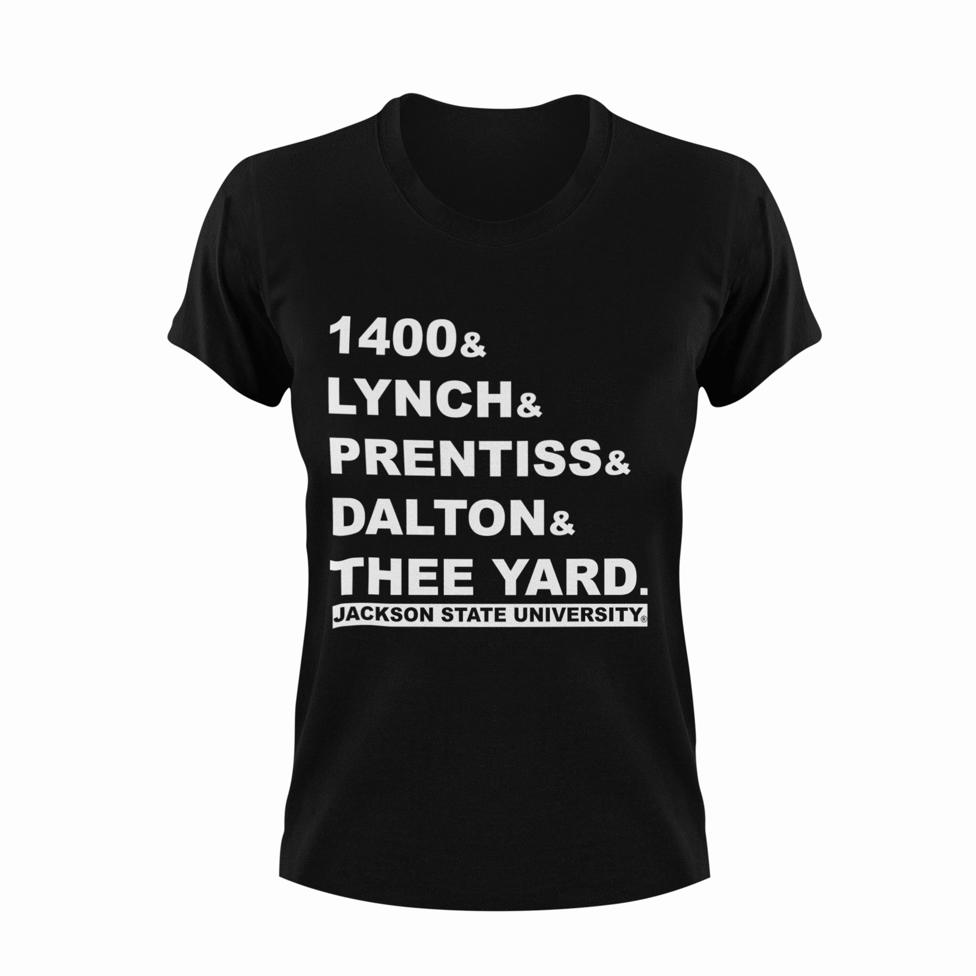 Black crewneck T-shirt with white block graphic text