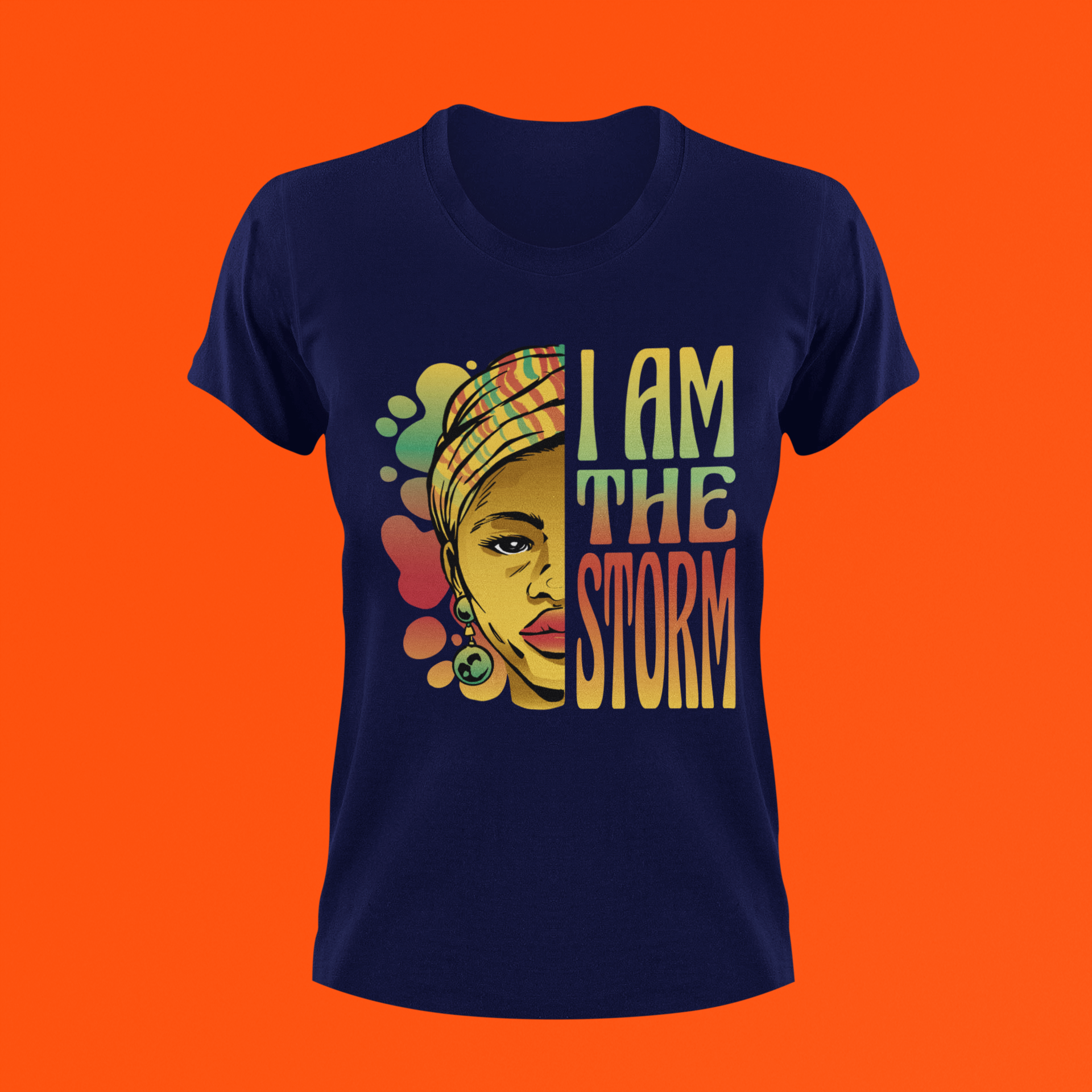 Navy short-sleeve T-shirt with front portrait graphic and “I AM THE STORM” text