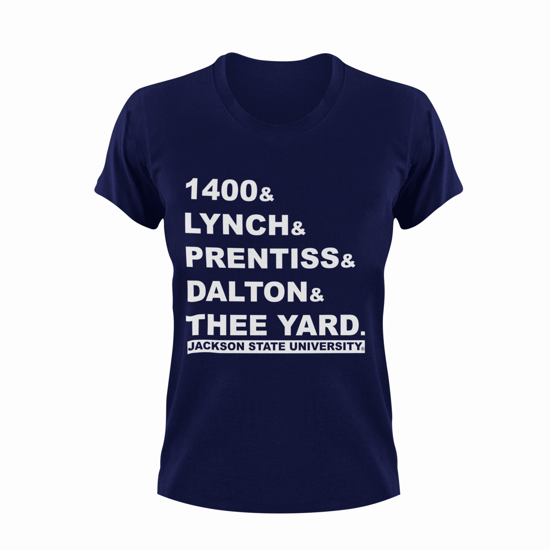 Navy crewneck T-shirt with white block graphic text