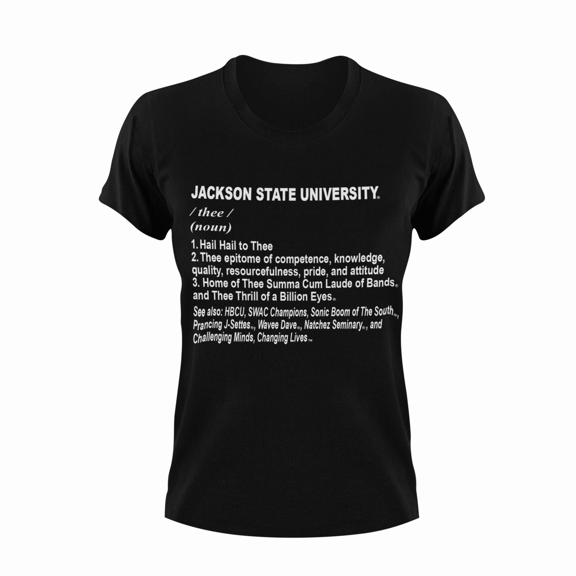 Black short-sleeve crewneck T-shirt with Jackson State University 'thee' text graphic.