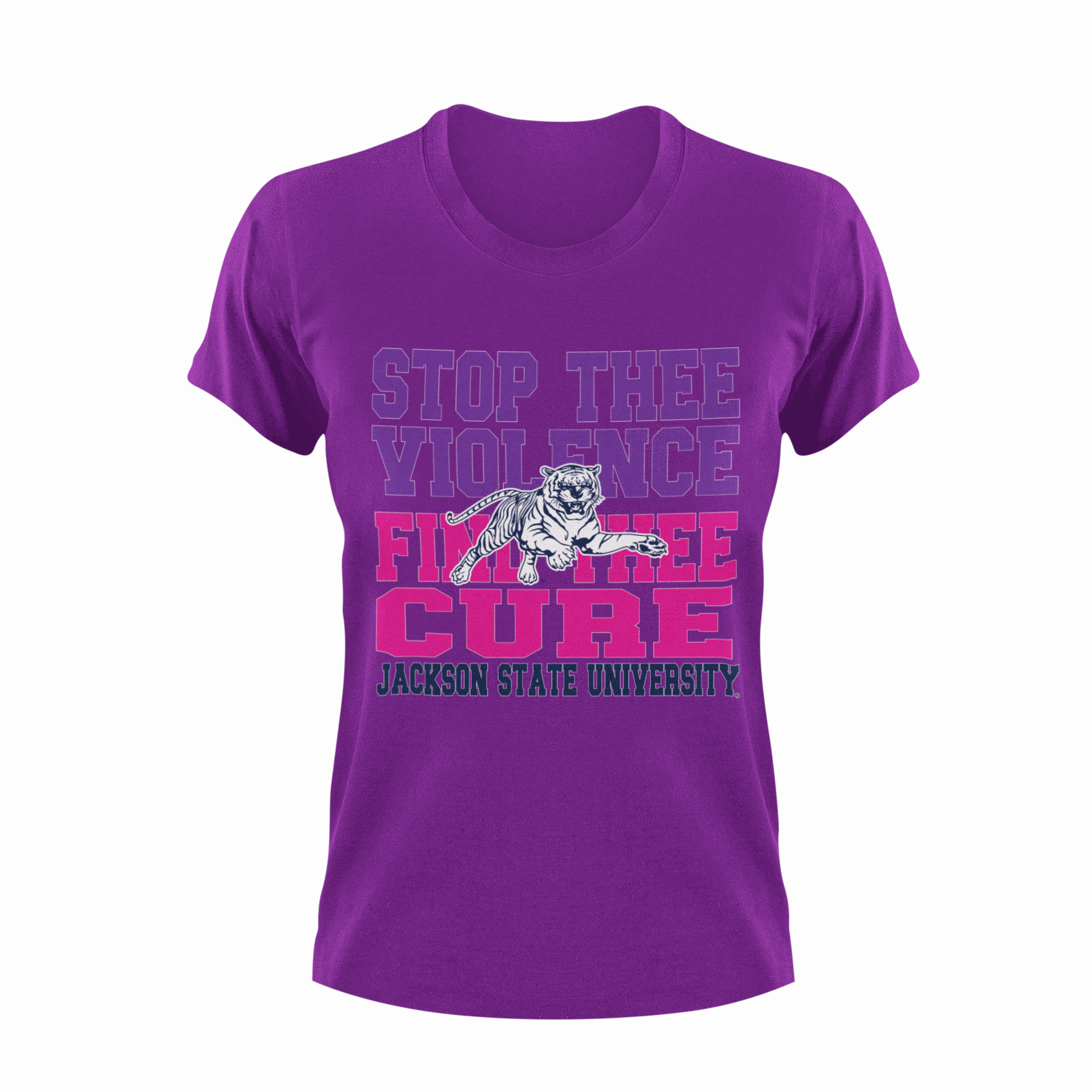 Purple unisex crew neck T-shirt with STOP THEE VIOLENCE, FIND THEE CURE graphic