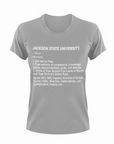 Gray short-sleeve crewneck T-shirt with Jackson State University 'thee' text graphic.