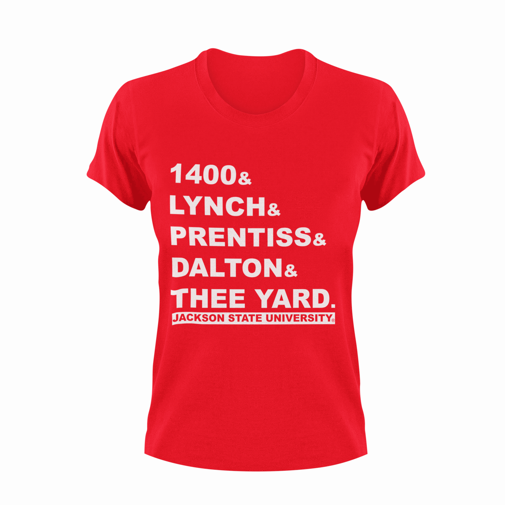 Red crewneck T-shirt with white block graphic text