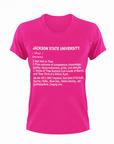 Hot pink youth crew-neck T-shirt with white Jackson State University text graphic on chest