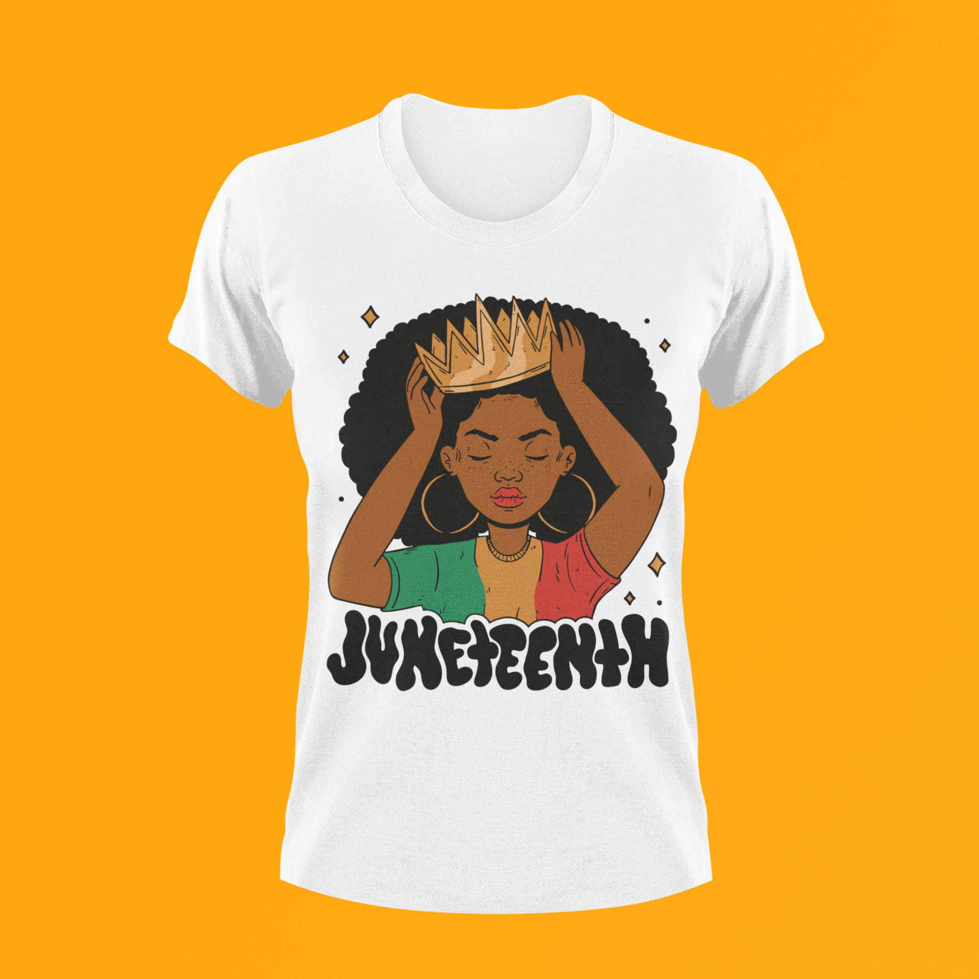 White Juneteenth Queen T-shirt with woman-in-afro hands graphic and Juneteenth lettering