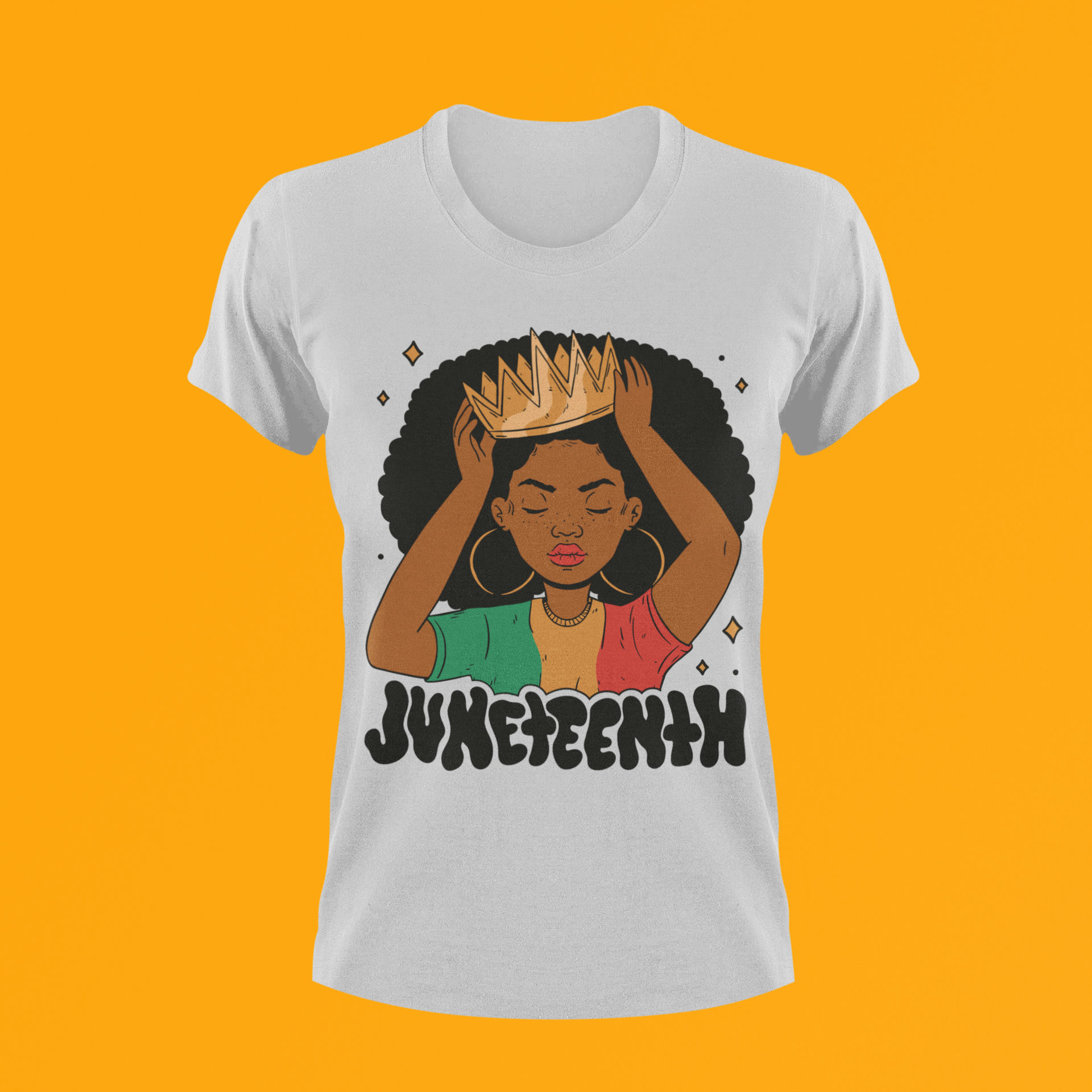 White Juneteenth Queen T-shirt with woman-in-afro hands graphic and Juneteenth lettering