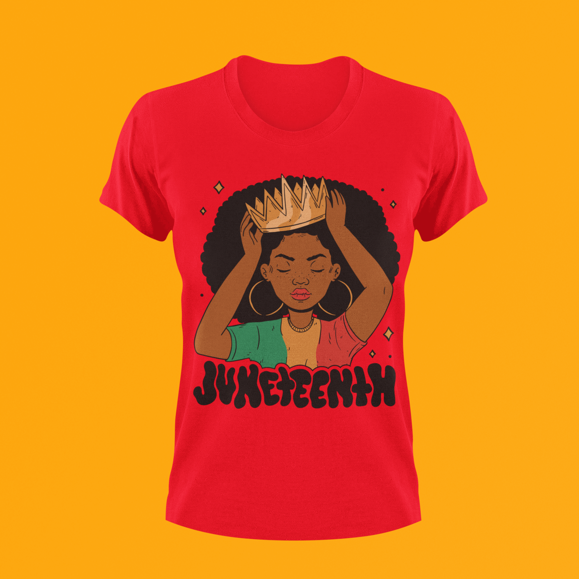 Red Juneteenth Queen T-shirt with woman-in-afro hands graphic and Juneteenth lettering