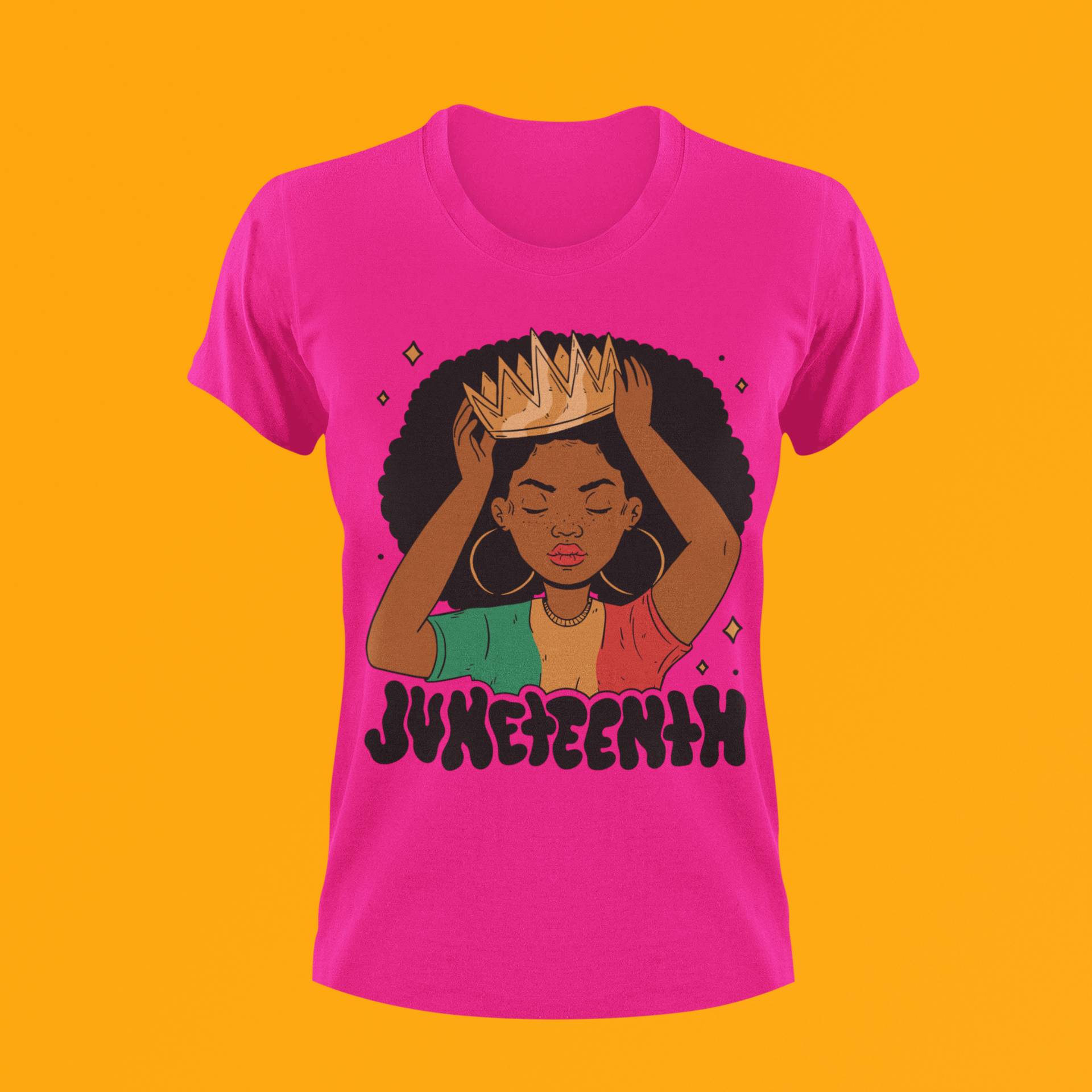 Pink Juneteenth Queen T-shirt with woman-in-afro hands graphic and Juneteenth lettering