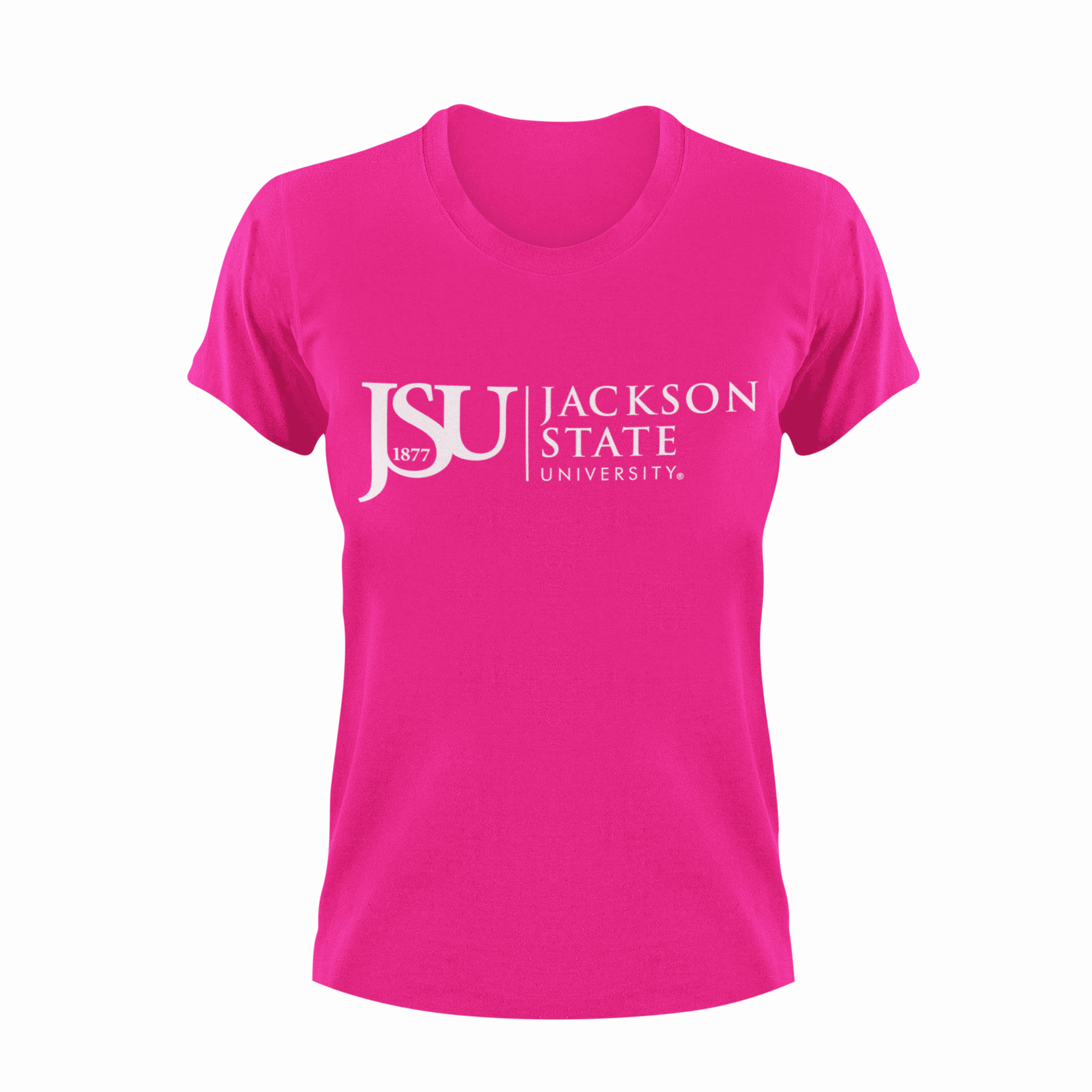 Pink crew-neck T-shirt with Jackson State University logo and 1877 print