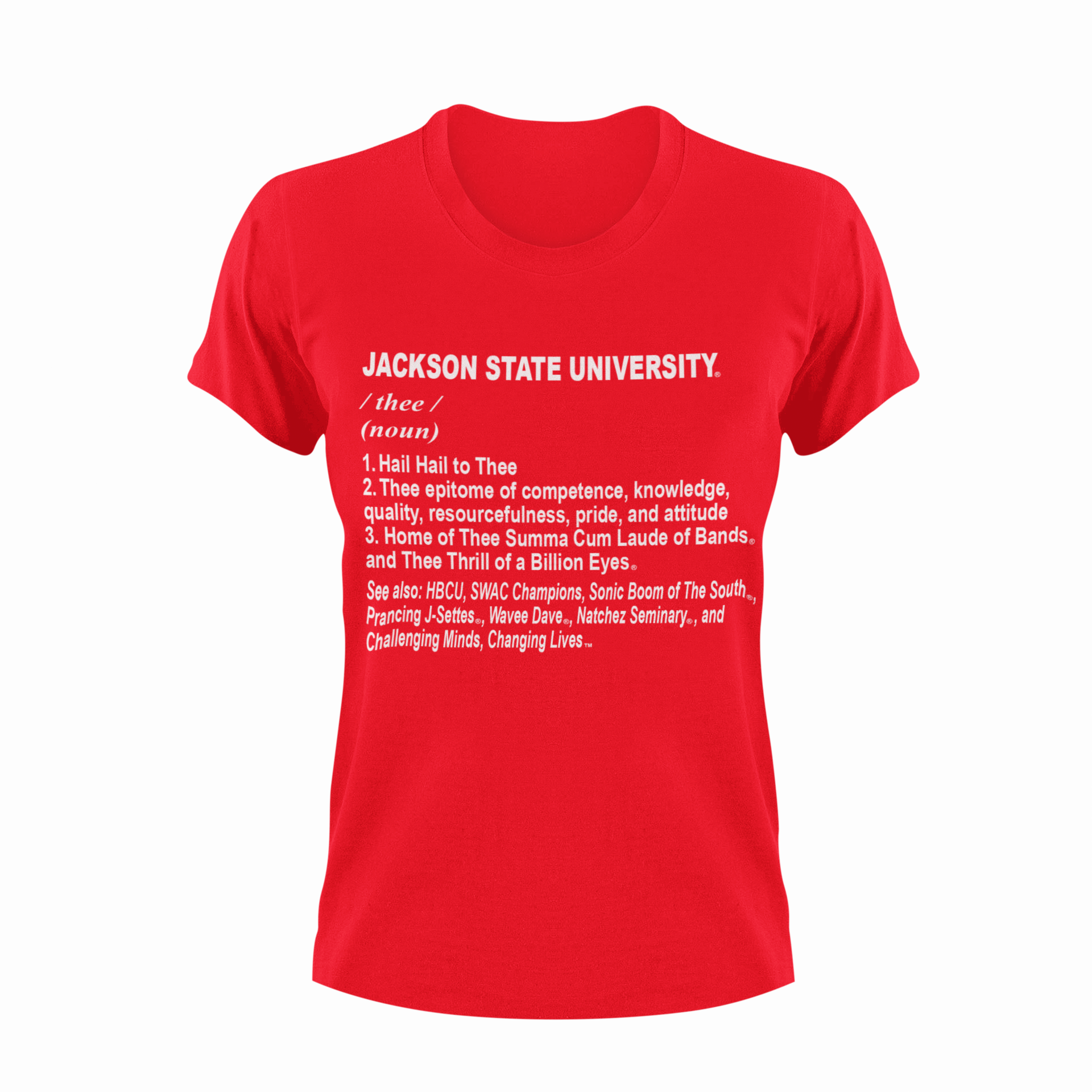 Red short-sleeve crewneck T-shirt with Jackson State University 'thee' text graphic.