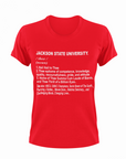 Red short-sleeve crewneck T-shirt with Jackson State University 'thee' text graphic.