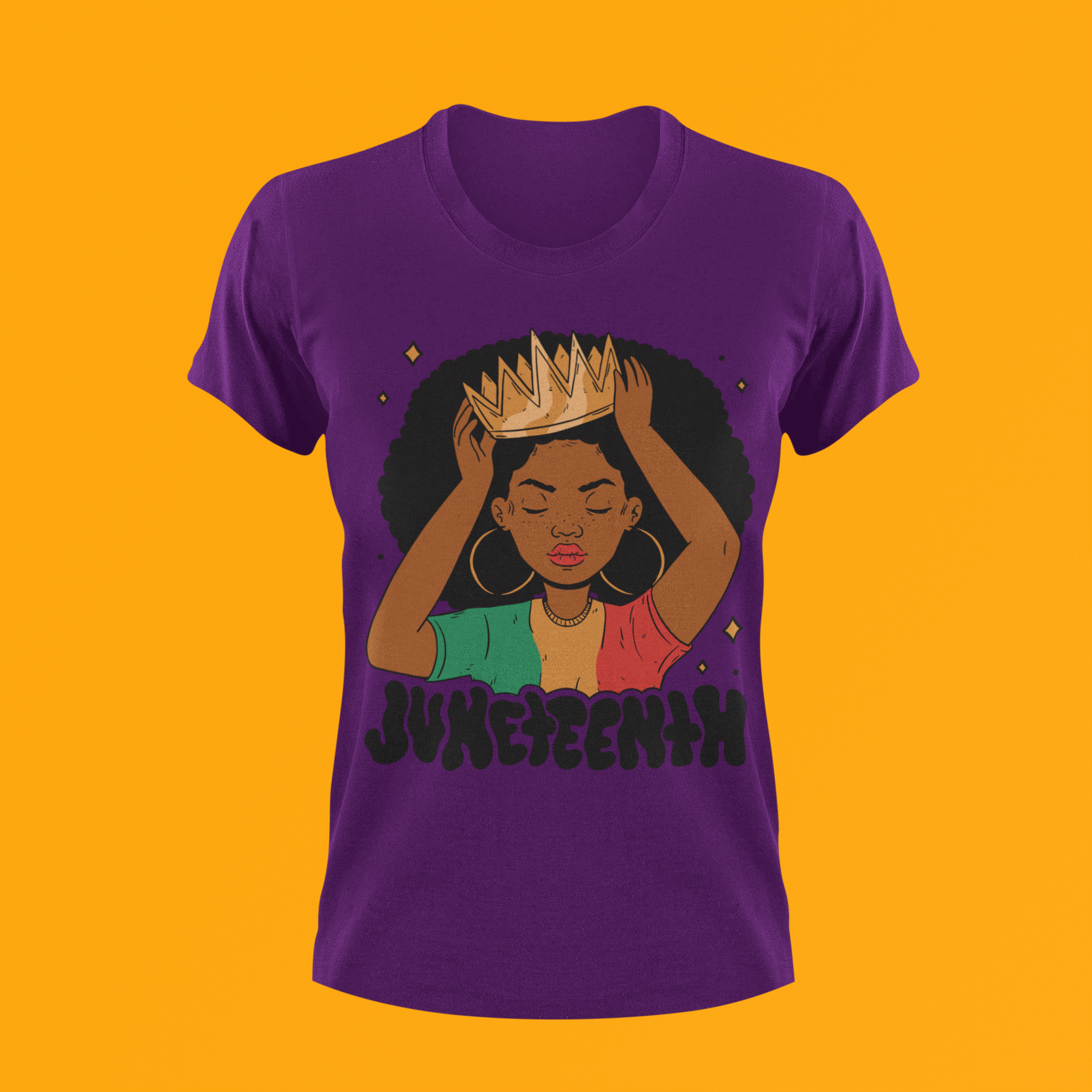 Purple Juneteenth Queen T-shirt with woman-in-afro hands graphic and Juneteenth lettering