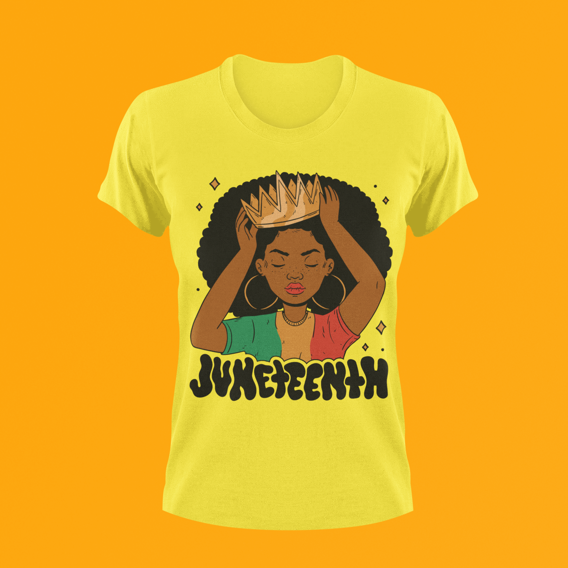 Yellow Juneteenth Queen T-shirt with woman-in-afro hands graphic and Juneteenth lettering