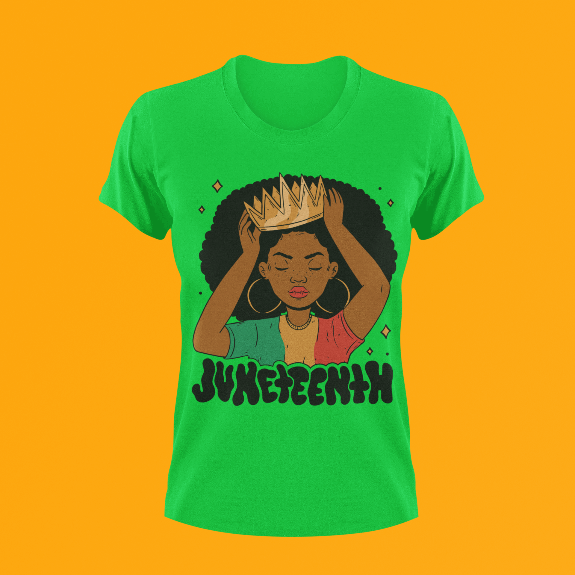 Green Juneteenth Queen T-shirt with woman-in-afro hands graphic and Juneteenth lettering