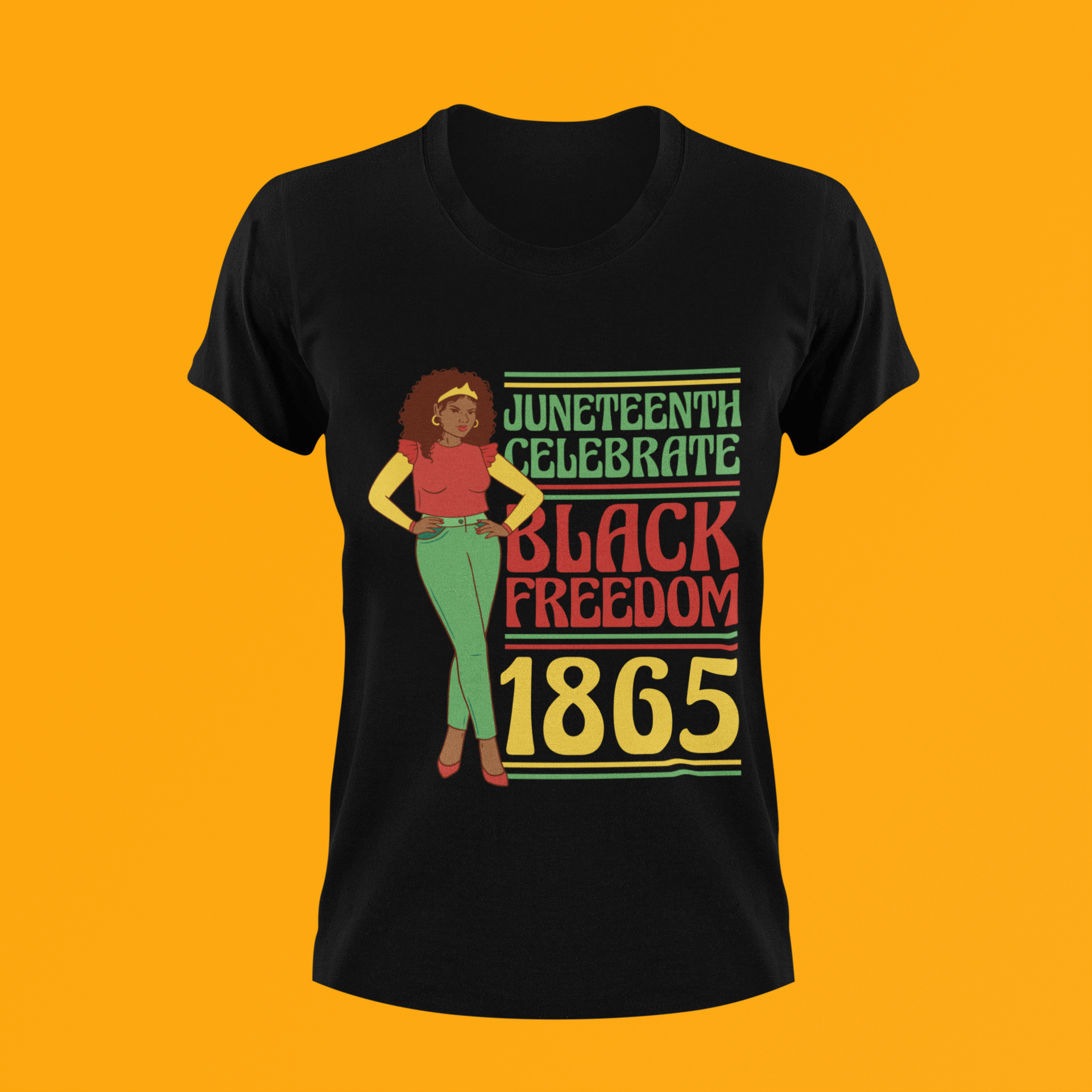 Black Juneteenth T-shirt with 'Black Freedom 1865' graphic and standing character
