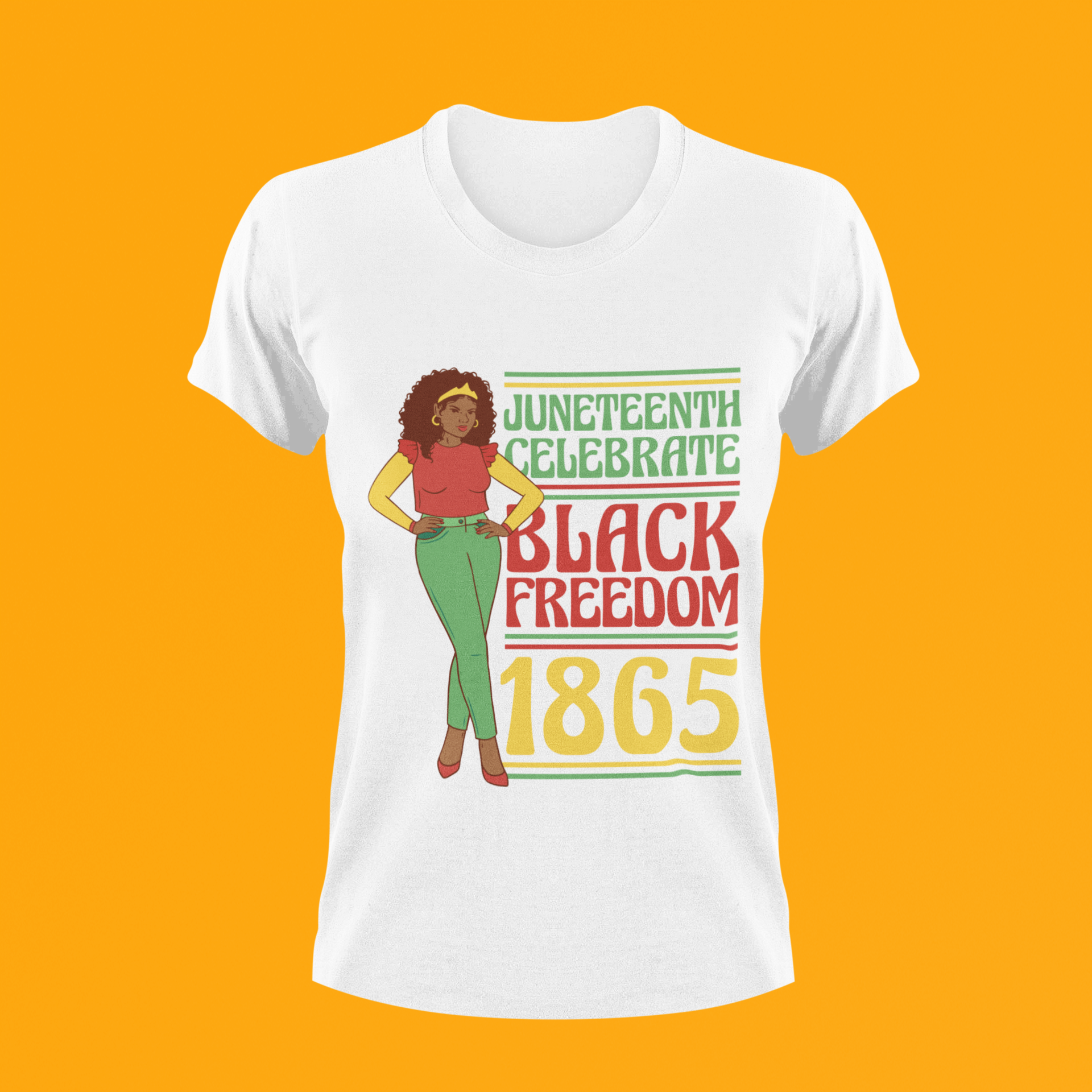 White Juneteenth T-shirt with 'Black Freedom 1865' graphic and standing character
