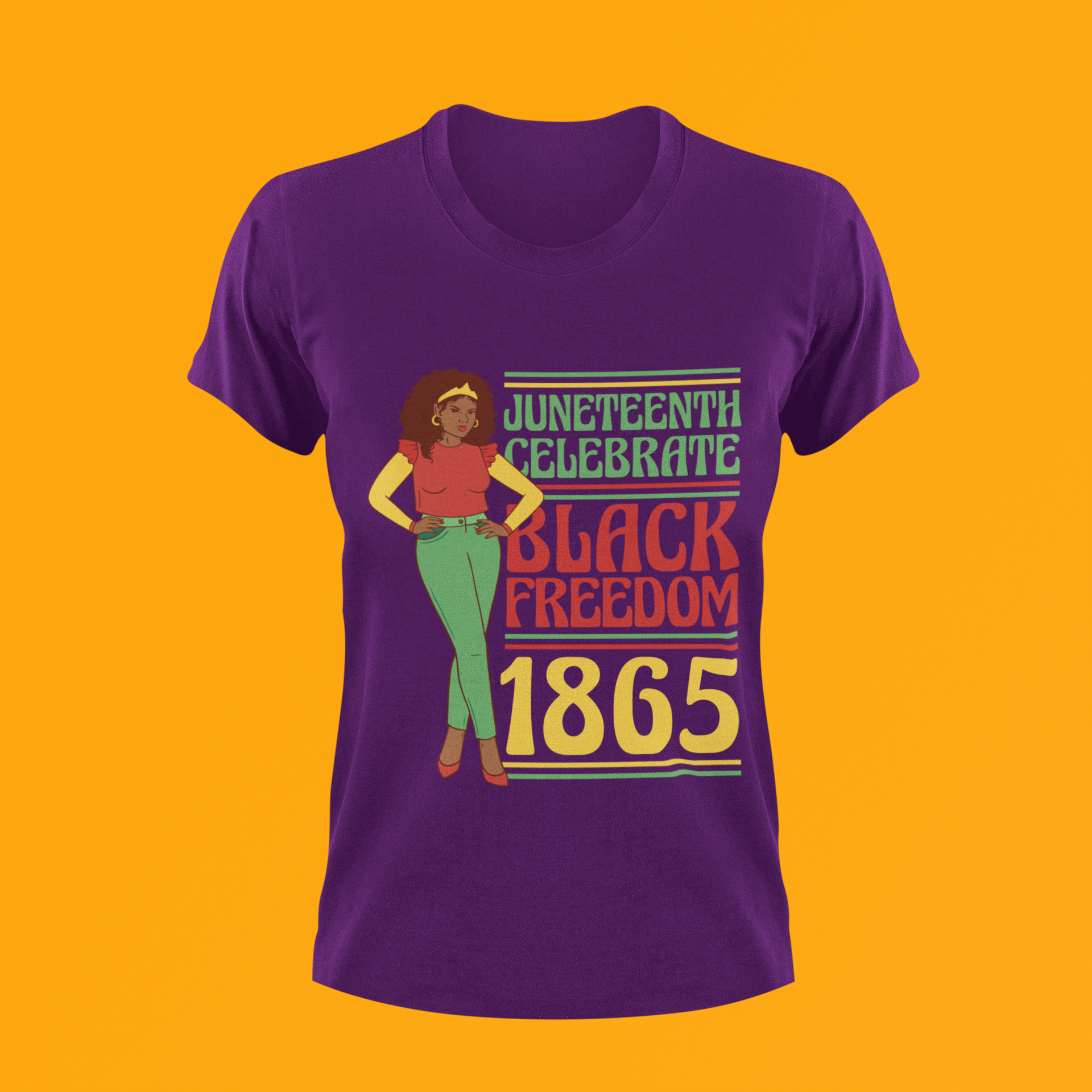 Purple Juneteenth T-shirt with 'Black Freedom 1865' graphic and standing character