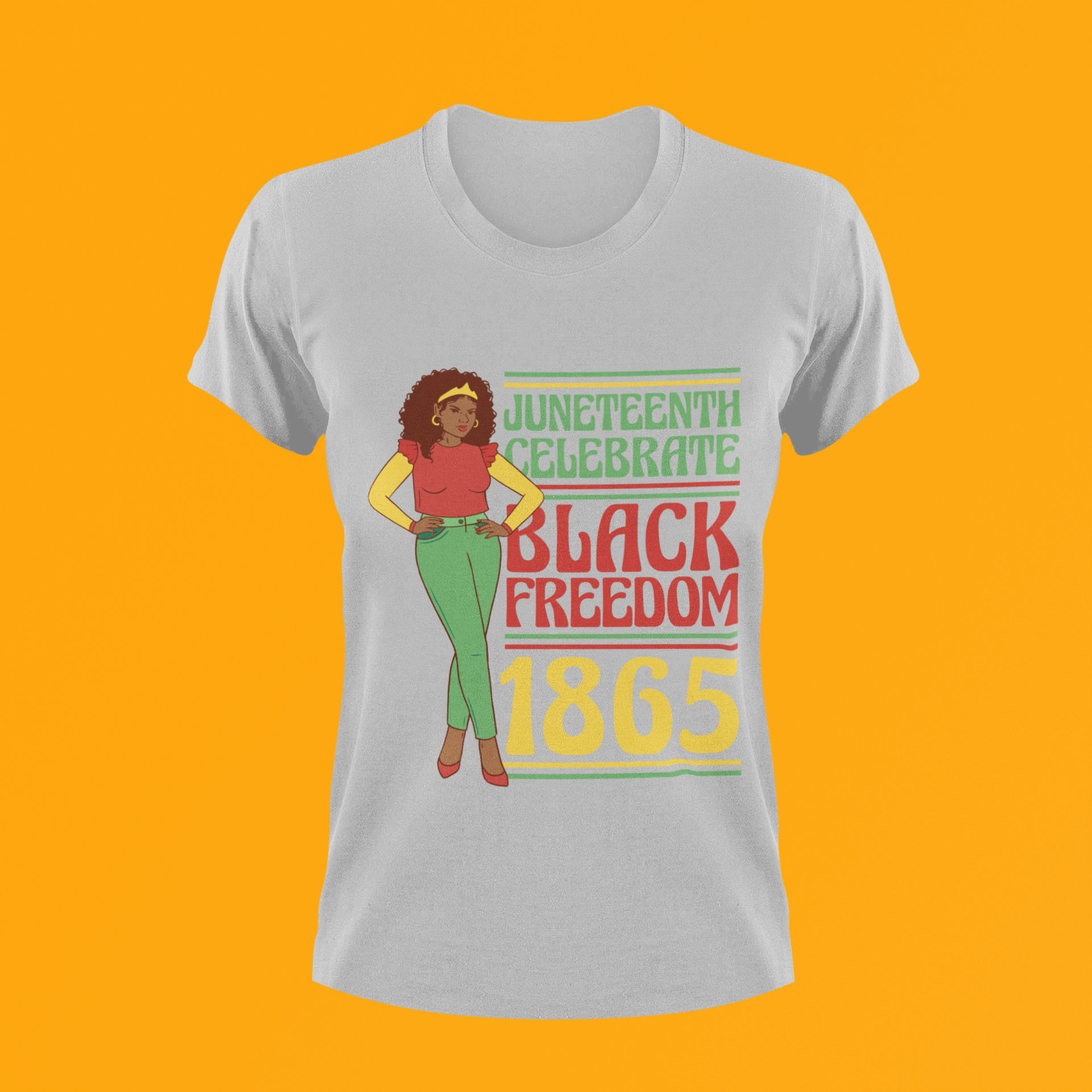 Gray Juneteenth T-shirt with 'Black Freedom 1865' graphic and standing character
