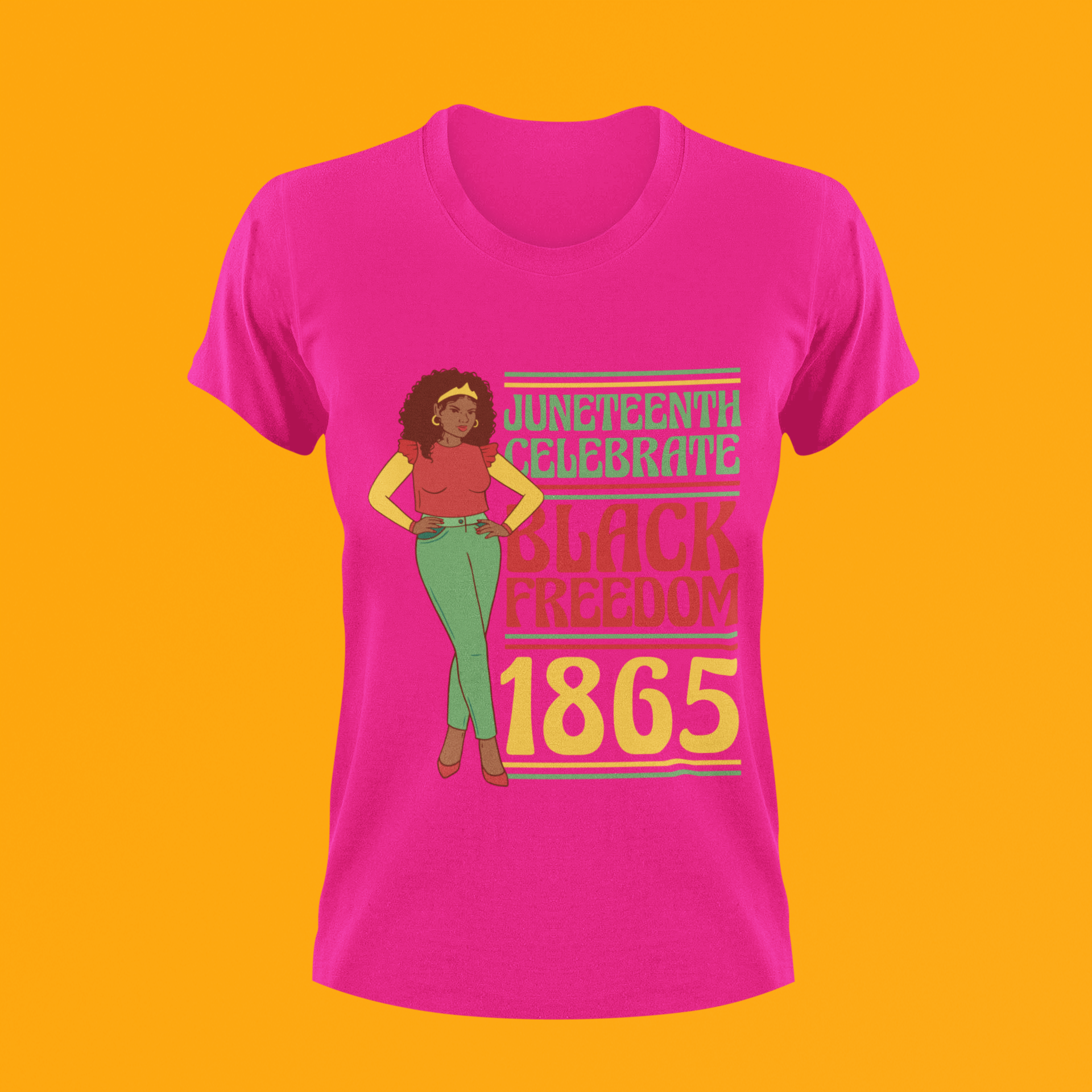 Pink Juneteenth T-shirt with 'Black Freedom 1865' graphic and standing character