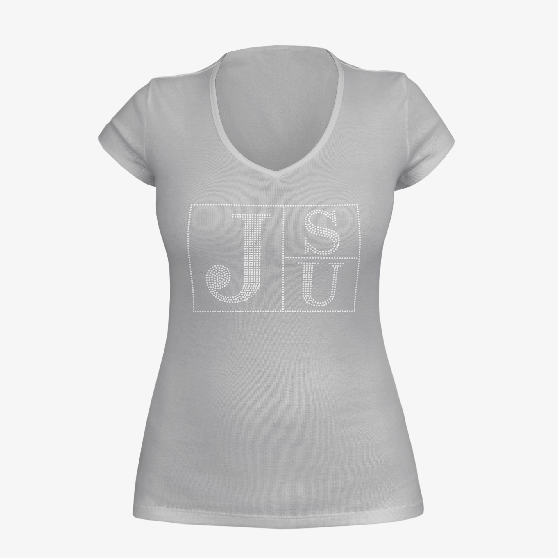 Athletic heather gray V-neck T-shirt with rhinestone JSU block letters