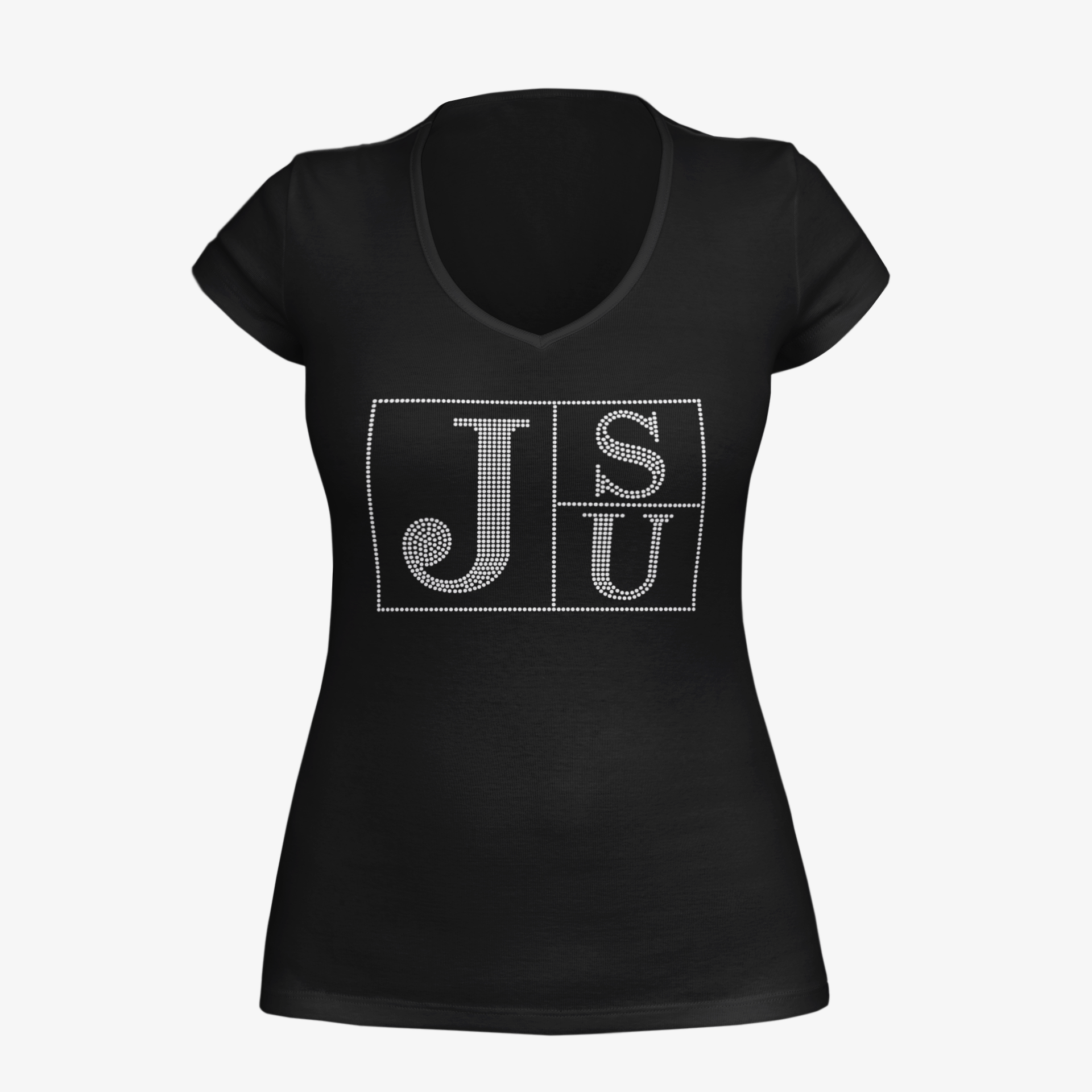 Black V-neck T-shirt with rhinestone JSU block letters