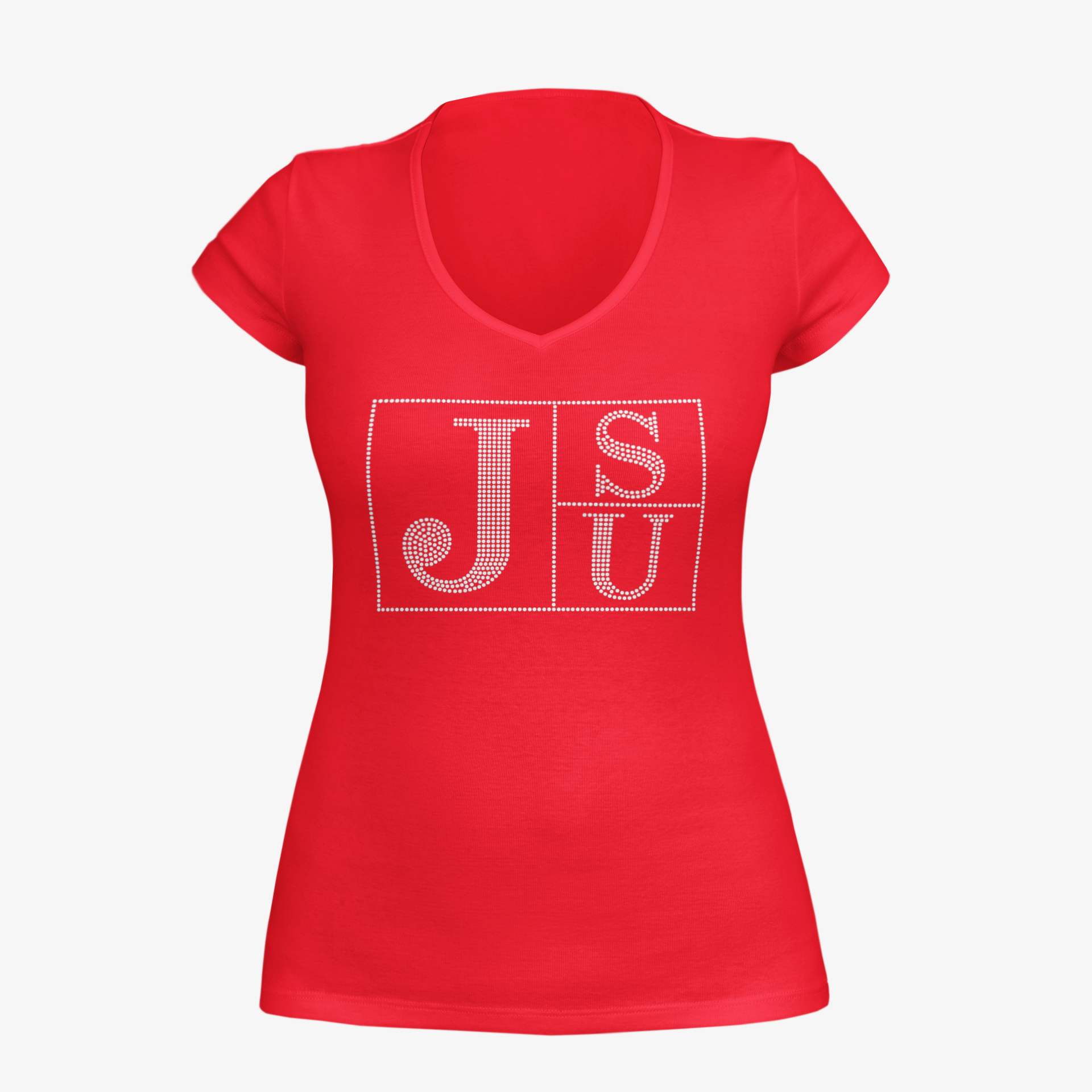 Red V-neck T-shirt with rhinestone JSU block letters