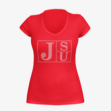 Load image into Gallery viewer, Jackson State University Tigers JSU Block Letter Rhinestone V-Neck T-Shirt
