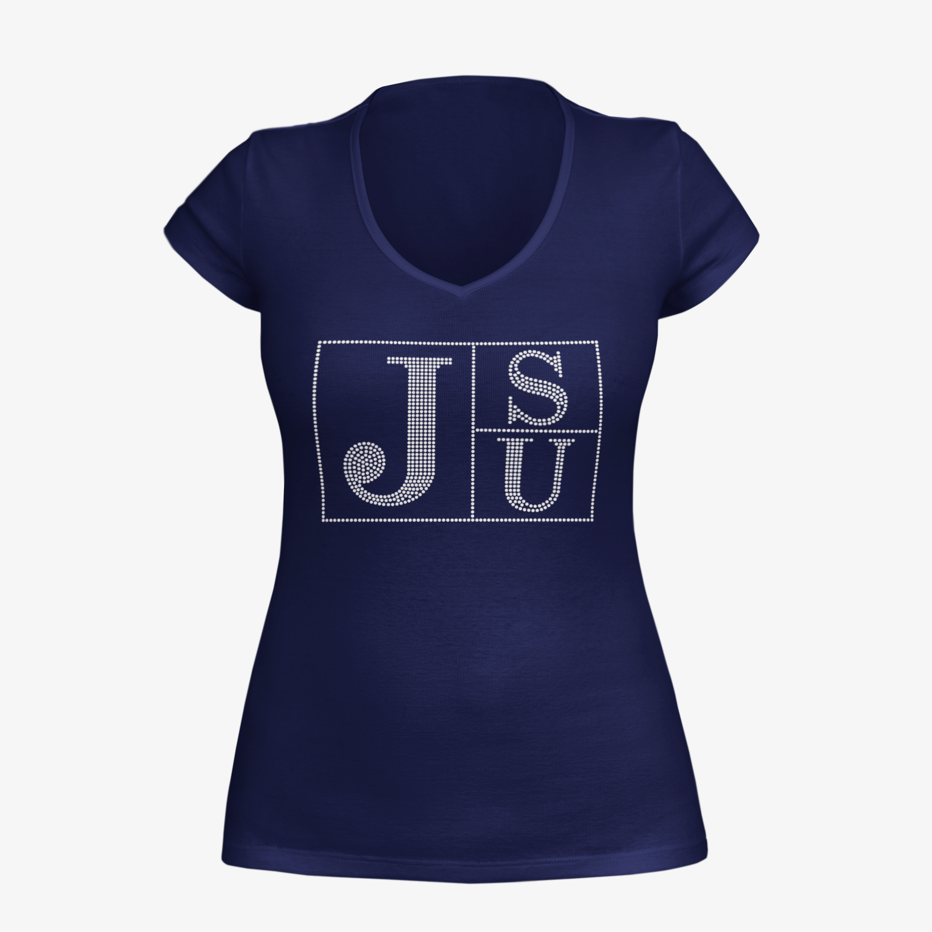 Navy blue V-neck T-shirt with rhinestone JSU block letters