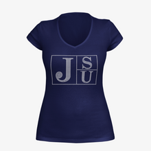 Load image into Gallery viewer, Jackson State University Tigers JSU Block Letter Rhinestone V-Neck T-Shirt

