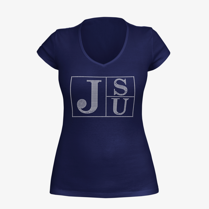 Jackson State University Tigers JSU Block Letter Rhinestone V-Neck T-Shirt