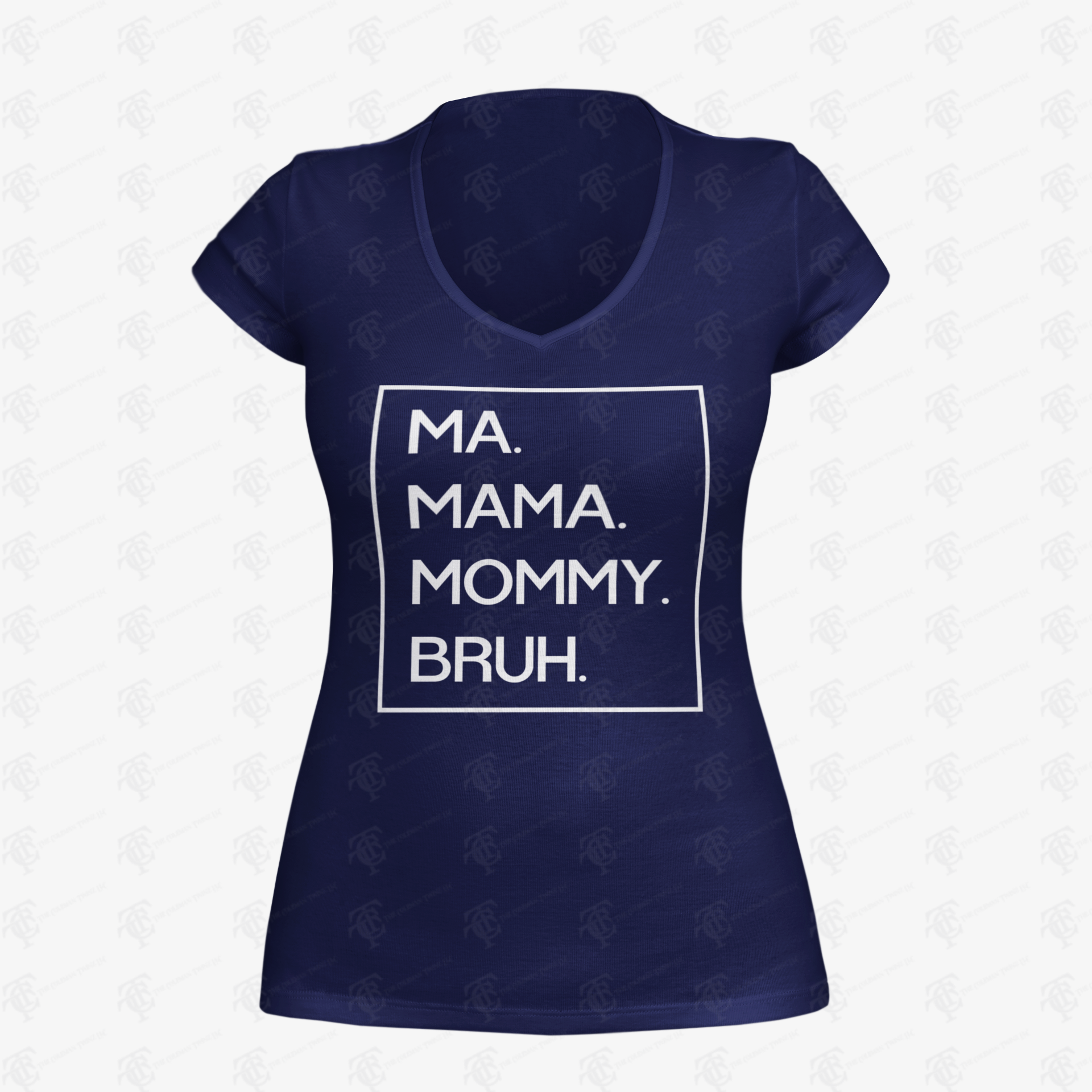 Navy V-neck T-shirt with white 'MA. MAMA. MOMMY. BRUH.' print