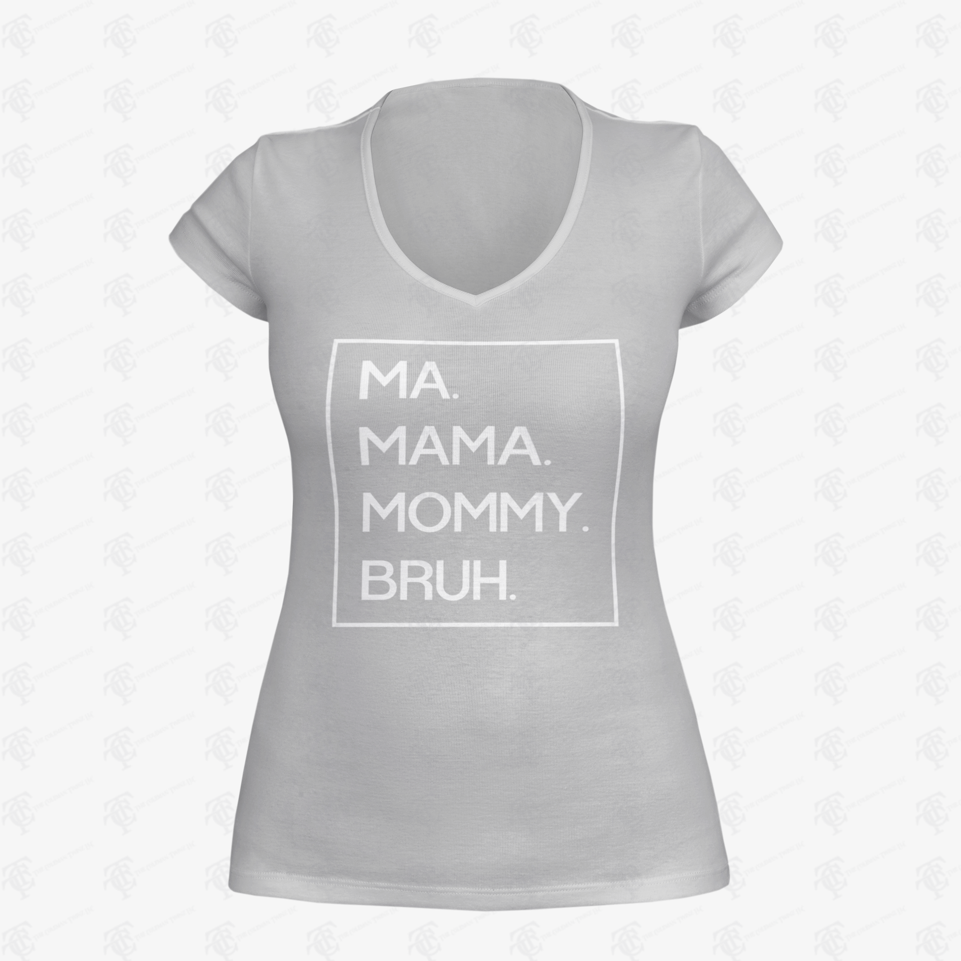 Heather grey V-neck T-shirt with light 'MA. MAMA. MOMMY. BRUH.' print