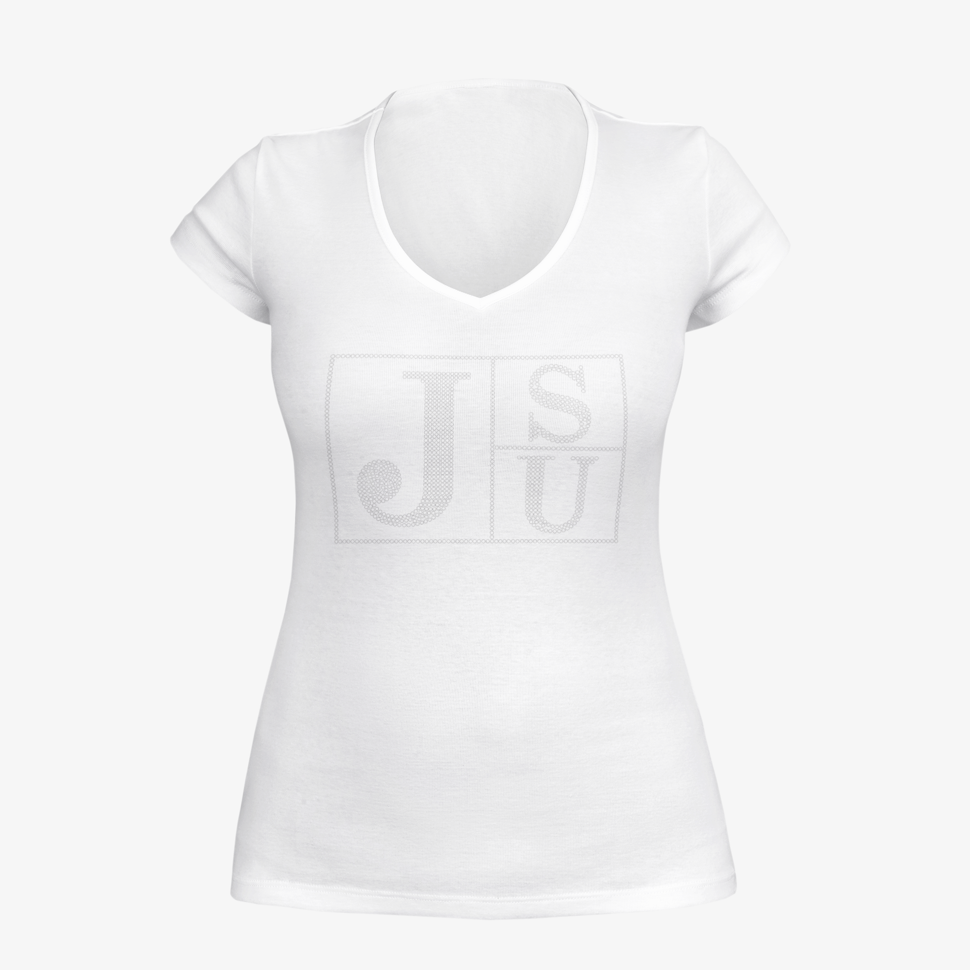 White V-neck T-shirt with rhinestone JSU block letters
