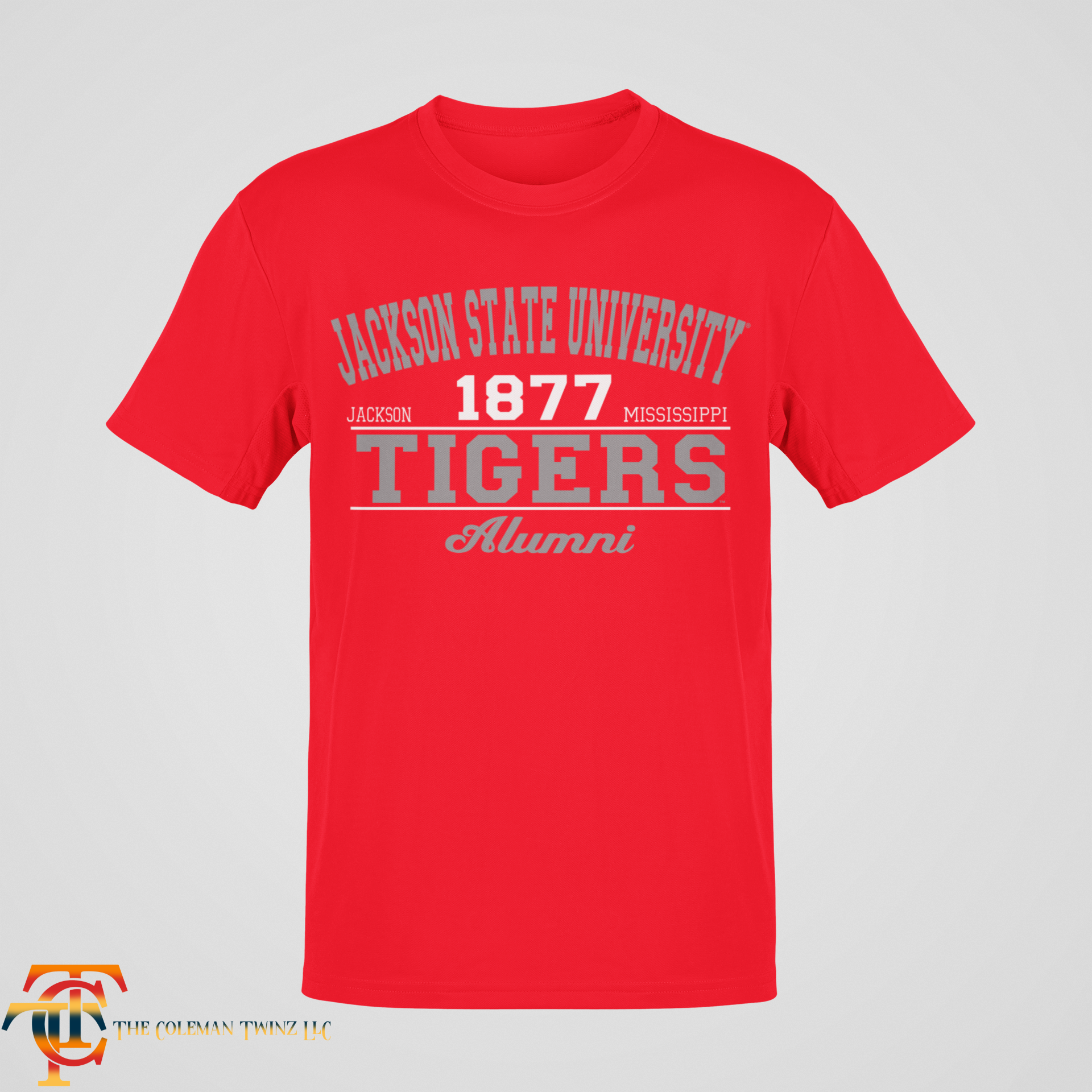 Red unisex crewneck T-shirt with '1877 Tigers' and 'Alumni' front print.